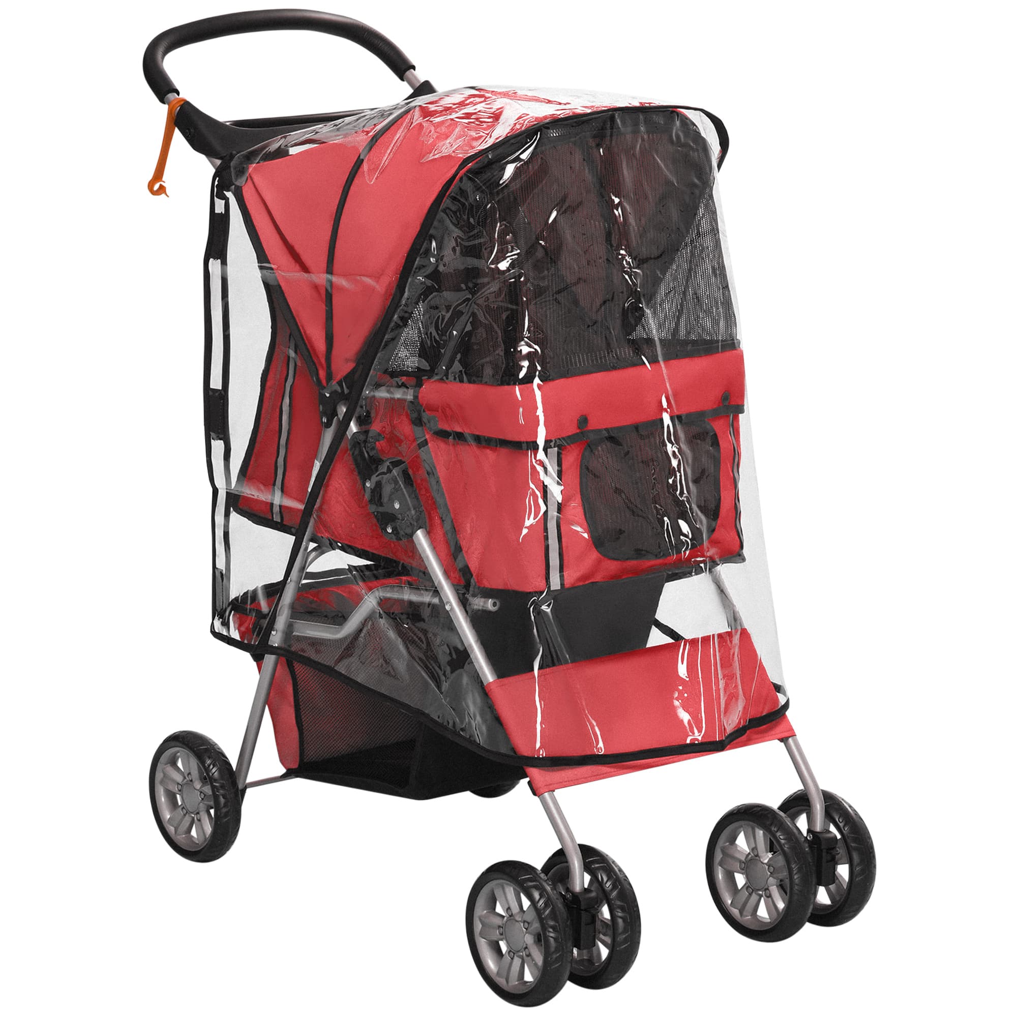PawHut Small Dog Stroller with Rain Cover, Folding Pet Buggy with Cup Holder, Storage Basket & Reflective Strips, Red | Aosom UK