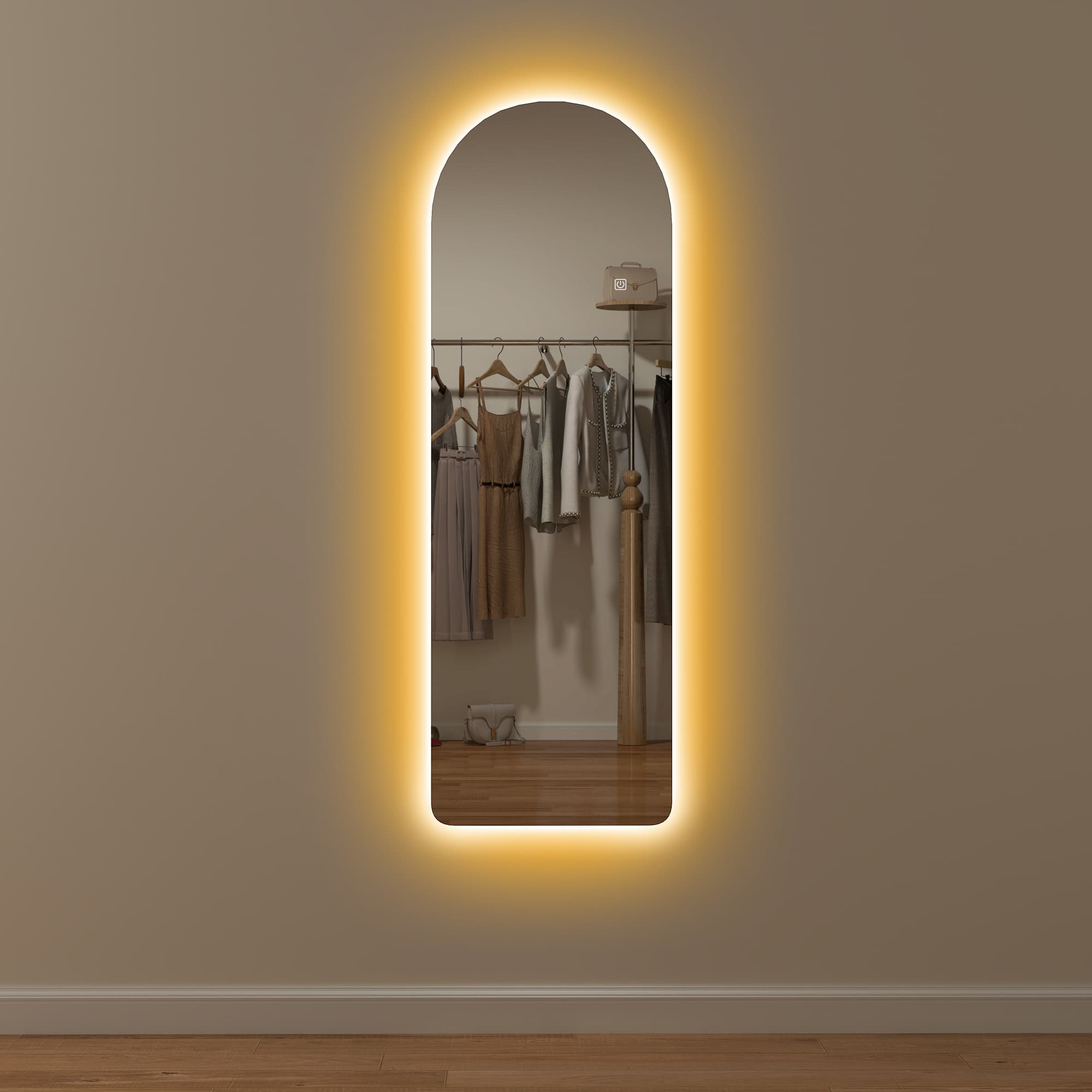 HOMCOM Arched Full Length Mirror with LED Lights, 120 x 40cm Backlit Frameless Wall Mirror with Dimming and 3 Colour Lighting for Living Room, Bedroom, Clear | Aosom UK