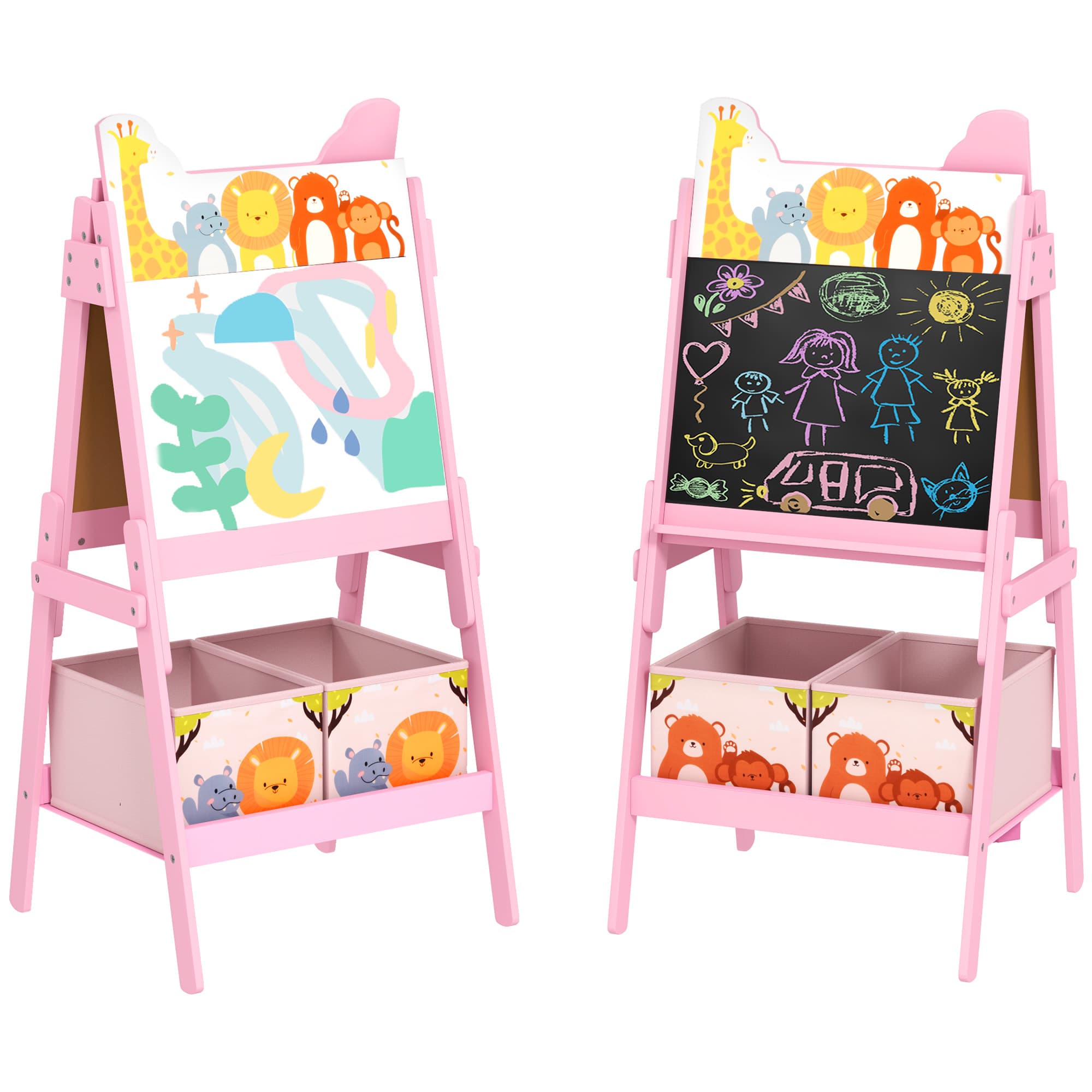 AIYAPLAY 2-in-1 Kids Easel with Magnetic Whiteboard & Chalkboard, Adjustable Storage Boxes for Kids 3-8 Years, Pink | Aosom UK
