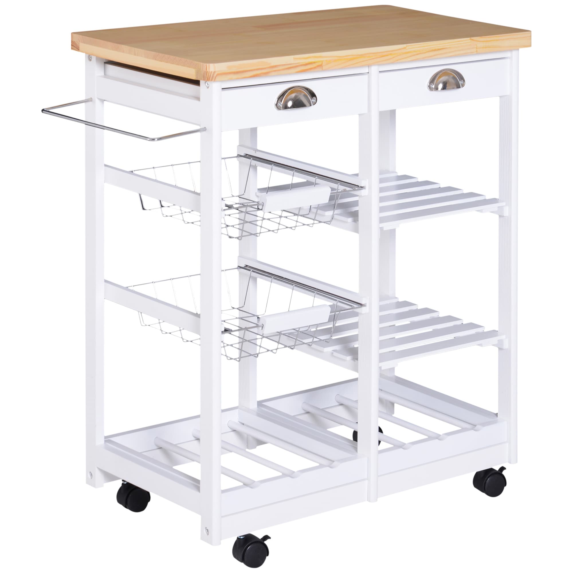 HOMCOM Rolling Kitchen Island Trolley Cart Drawer Shelves Basket Wheels W/ 6 Bottle Wine Rack White | Aosom UK