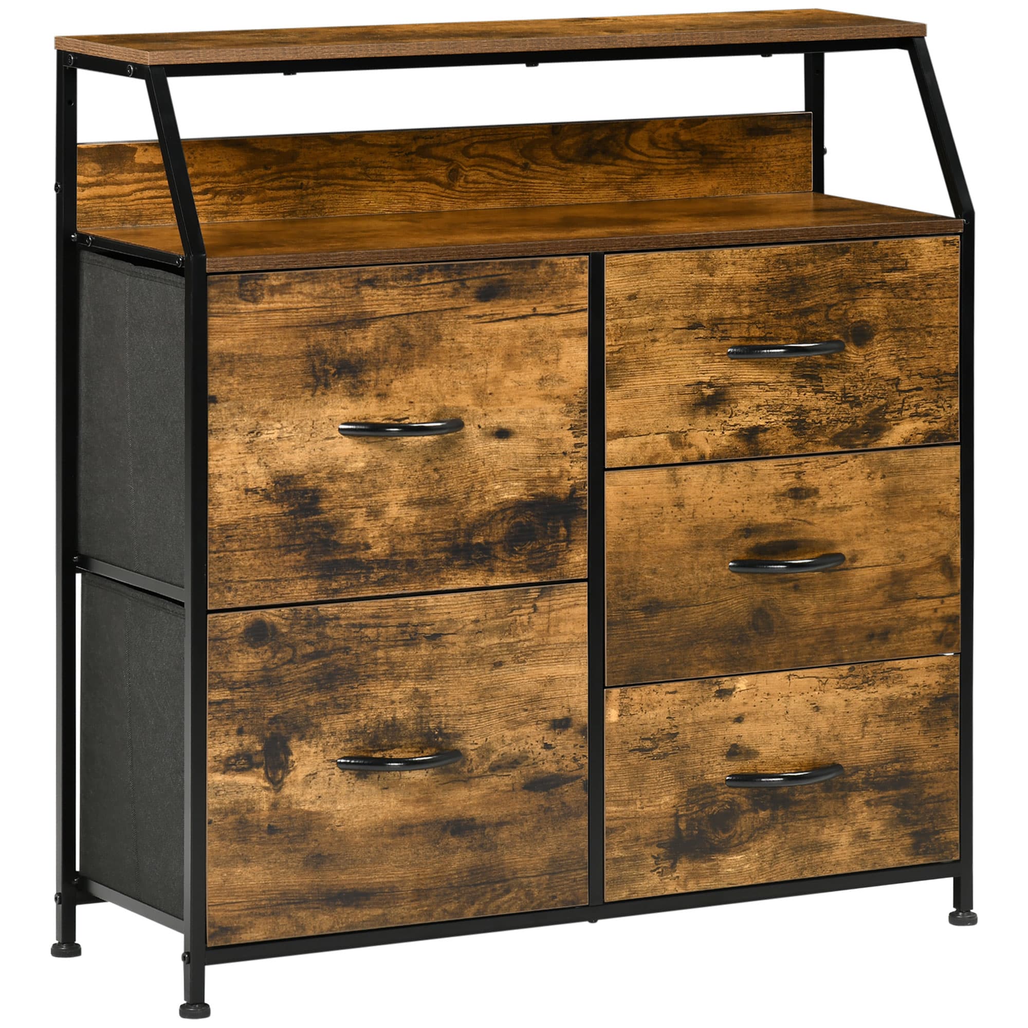 HOMCOM Bedroom Chest of Drawers, Industrial 5 Fabric Drawer Dresser with Open Shelf for Living Room, Rustic Brown | Aosom UK