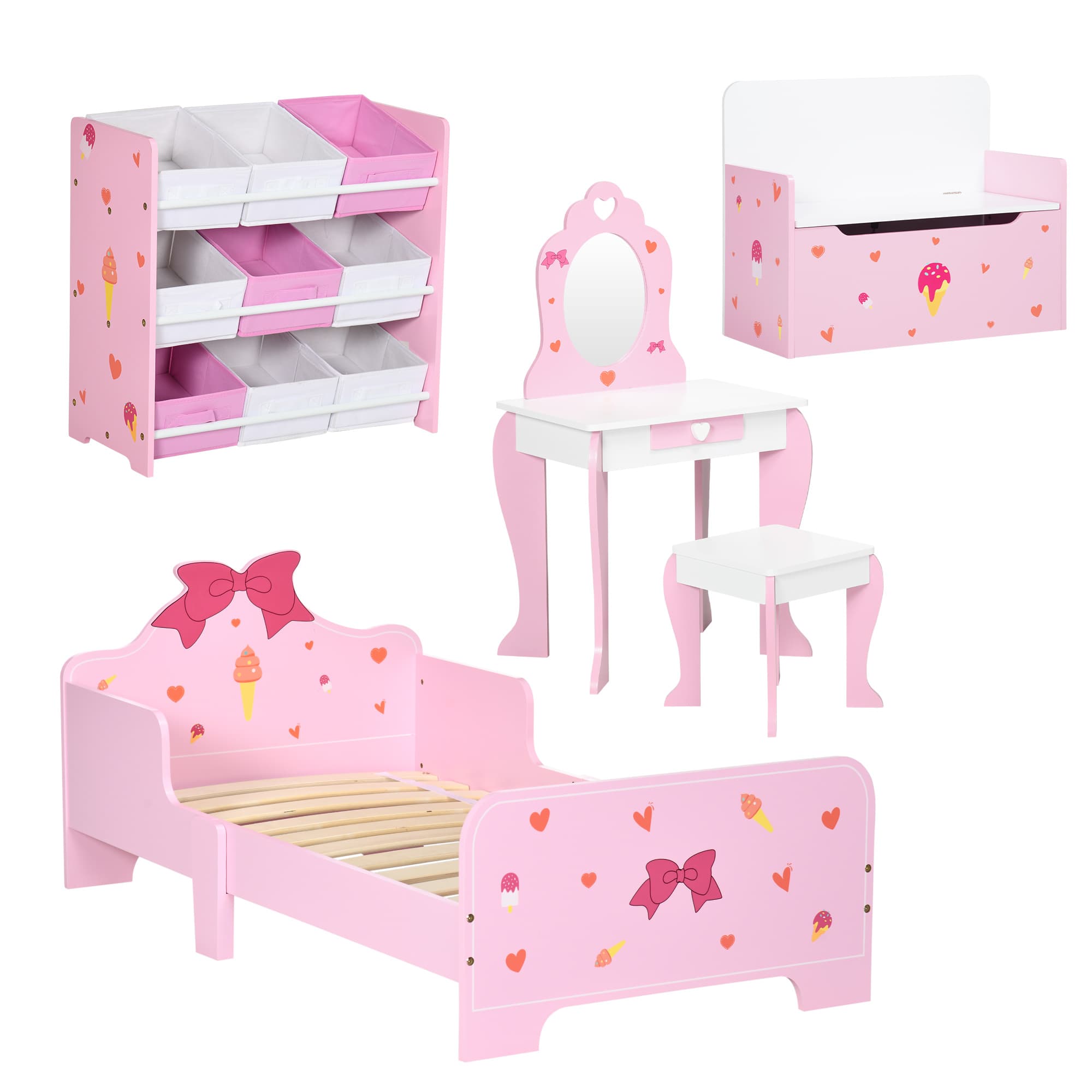 ZONEKIZ 5PCs Kids Bedroom Furniture Set w/ Bed, Toy Box Bench, Storage Unit, Dressing Table, Stool, Princess Themed for 3-6 Years Old, Pink | Aosom UK