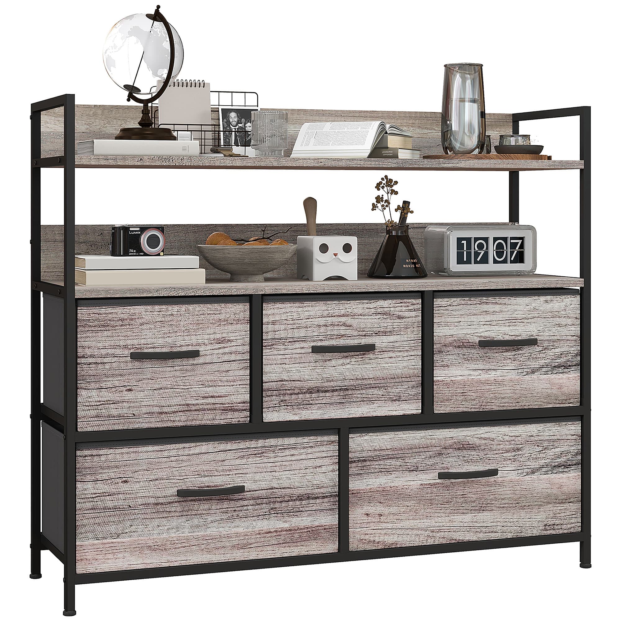 HOMCOM Rustic Chest of Five Fabric Drawers - Grey Wood Effect | Aosom UK