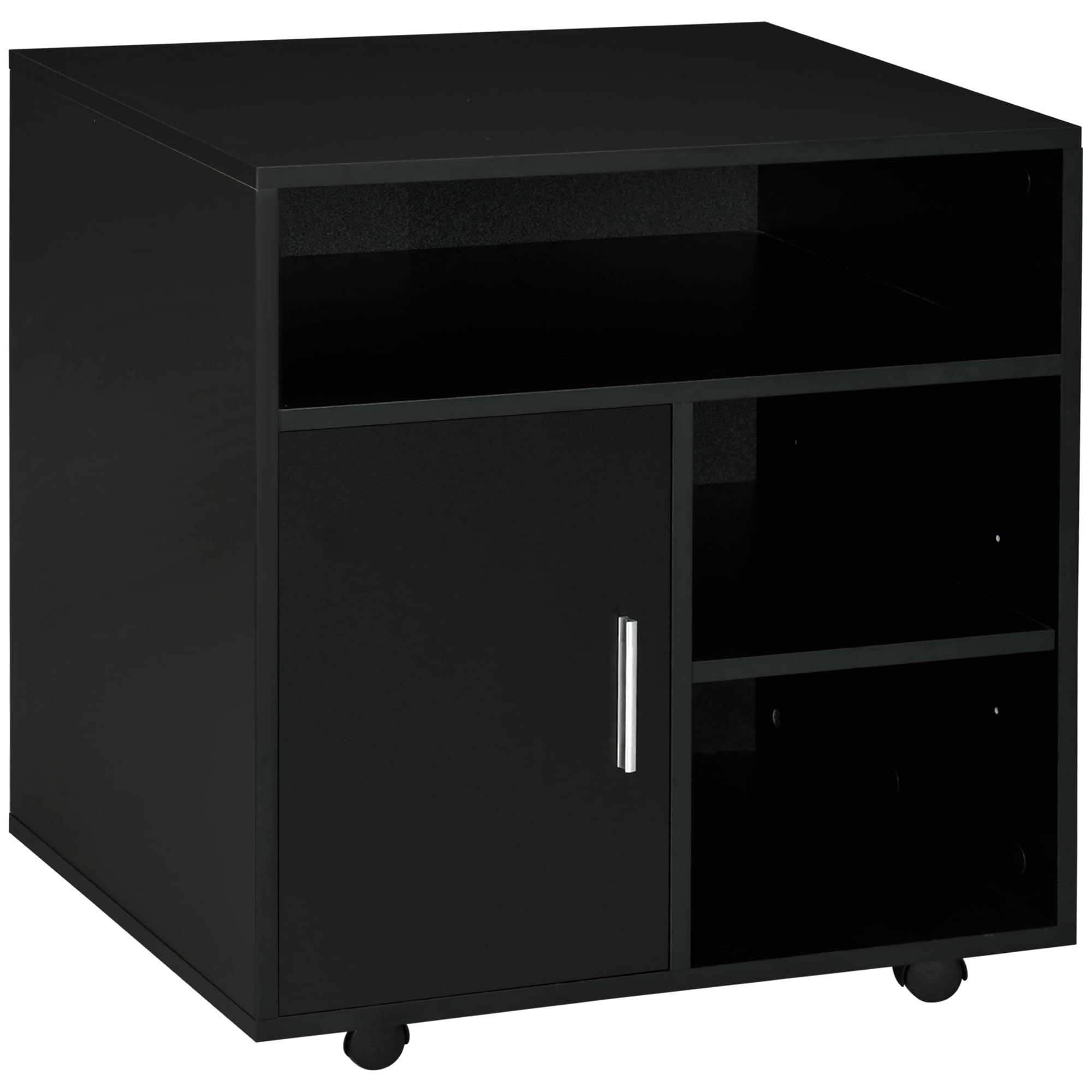 HOMCOM Mobile Printer Stand with Multiple Storage, Office Desk Side Unit on Wheels, Modern Design, 60L x 50W x 65.5H cm, Black | Aosom UK