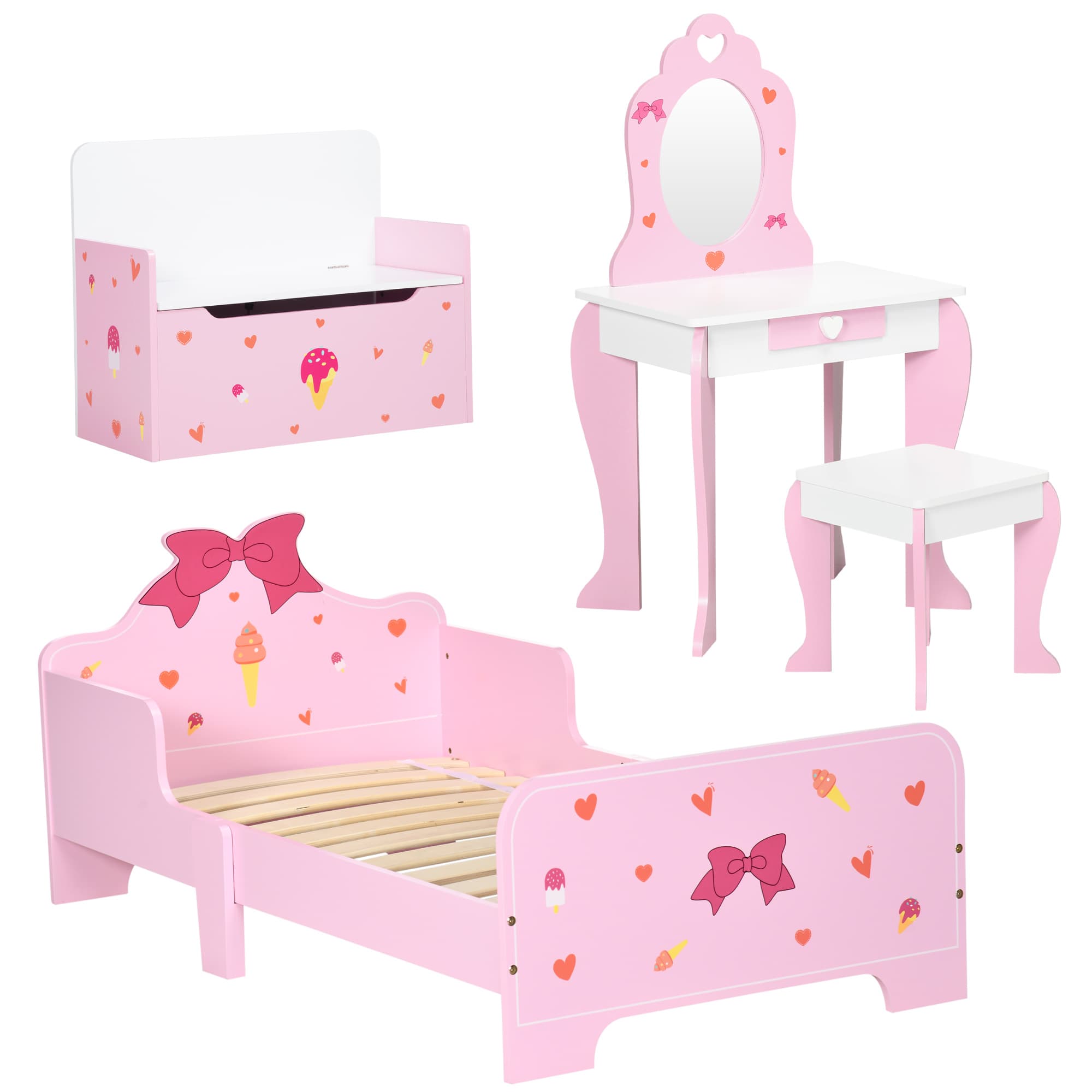 ZONEKIZ 4PCs Kids Bedroom Furniture Set with Bed, Toy Box Bench, Dressing Table and Stool, Princess Themed, for 3-6 Years Old, Pink | Aosom UK