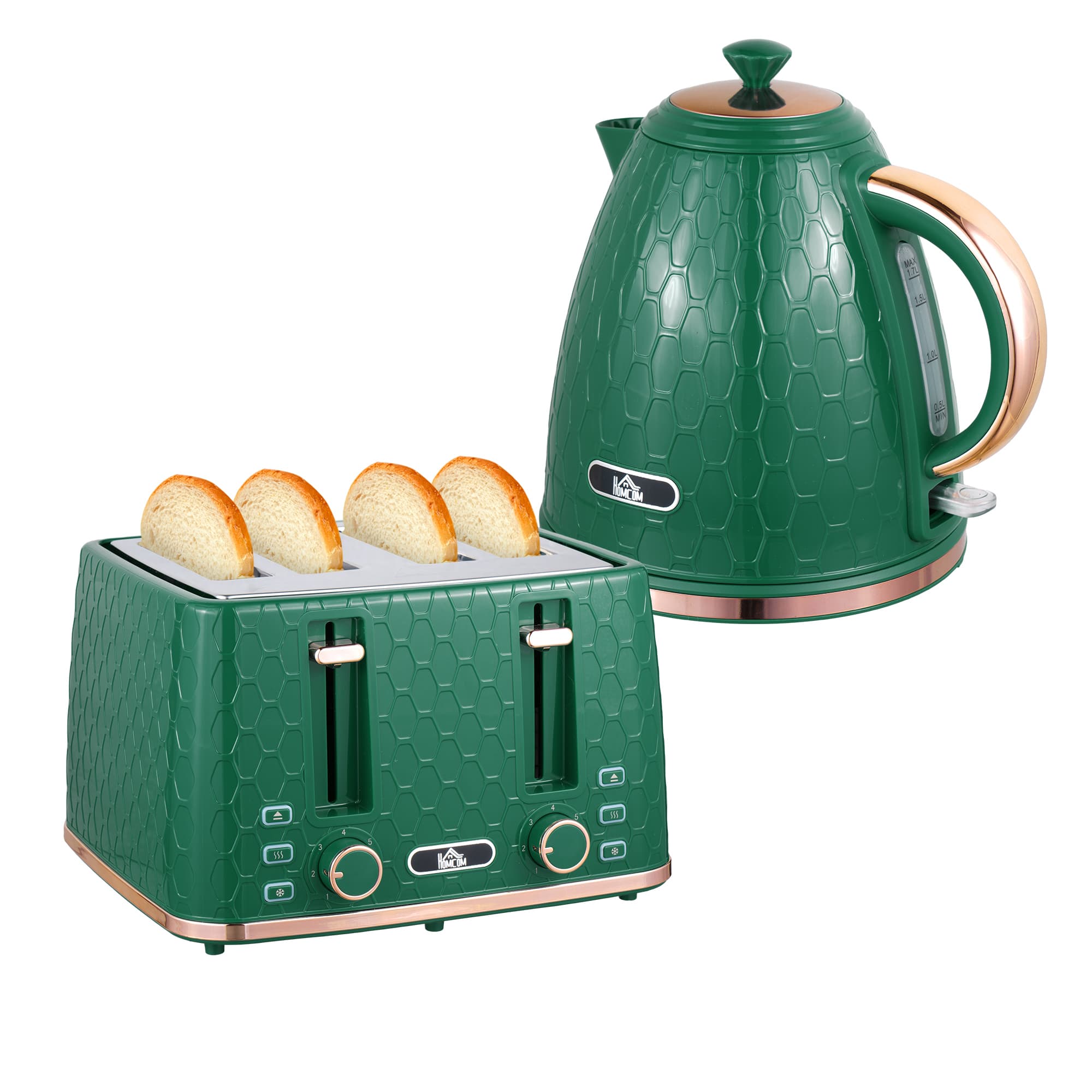 HOMCOM Kettle and Toaster Set, 1.7L 3000W Fast Boil Jug Kettle with 4 Slice Toaster with 7 Level Browning Controls & Crumb Tray, Green | Aosom UK