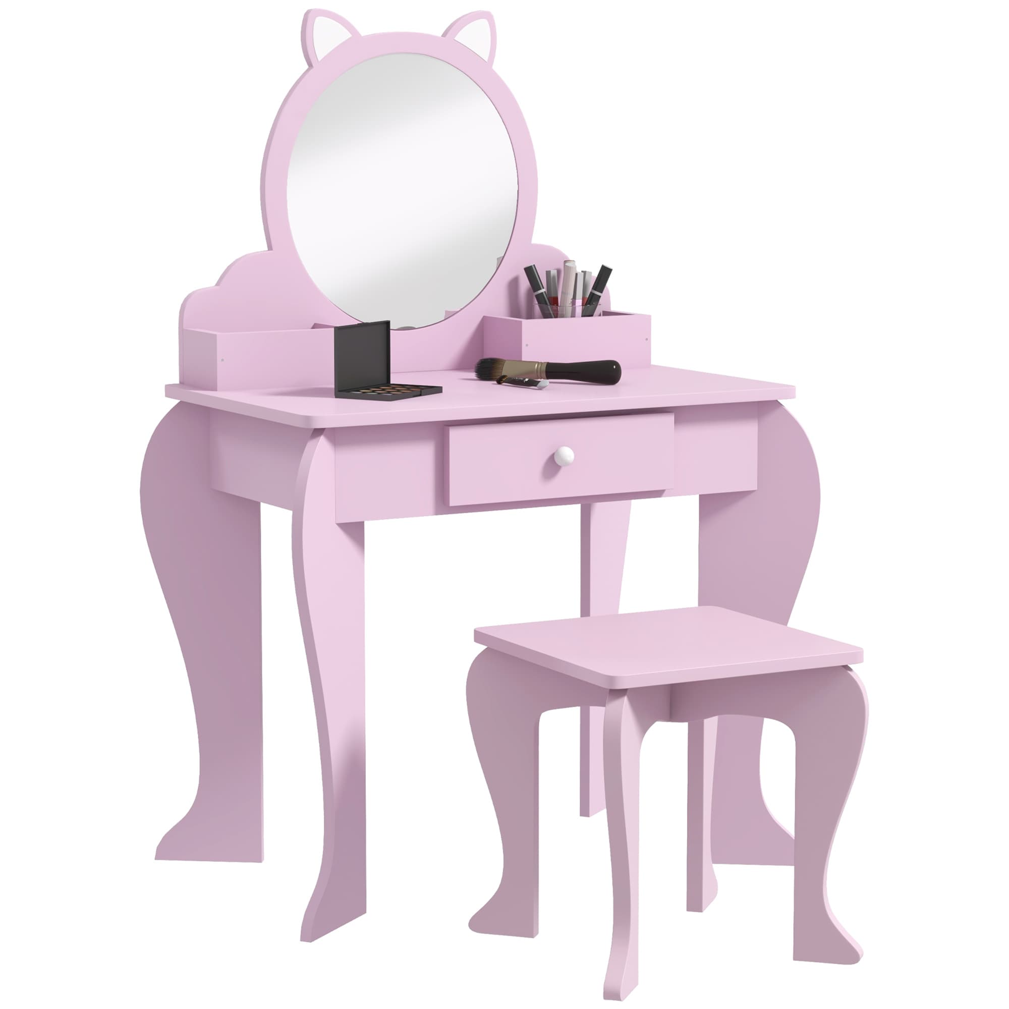 ZONEKIZ Children's Vanity Set with Mirror, Stool, Cat Theme, Drawer, Organiser Boxes for Ages 3-6, Pink | Aosom UK