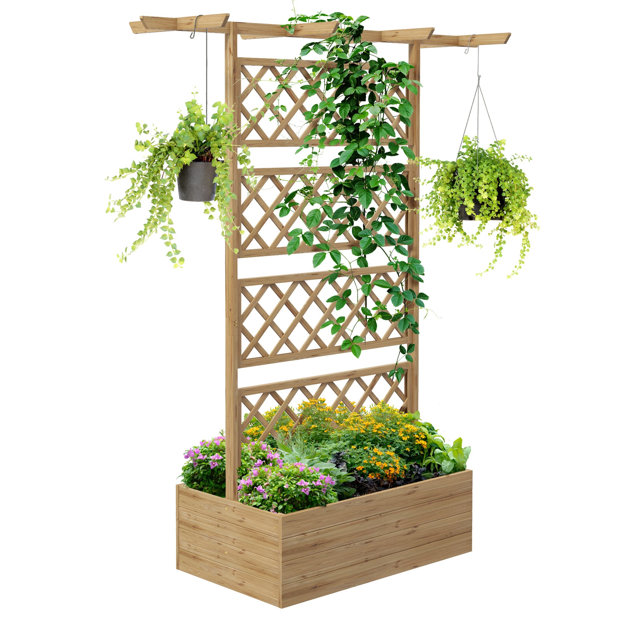 Outsunny Wooden Planter Box with Decorative Trellis, Raised Garden Bed for Climbing Plants, Natural Tone | Aosom UK