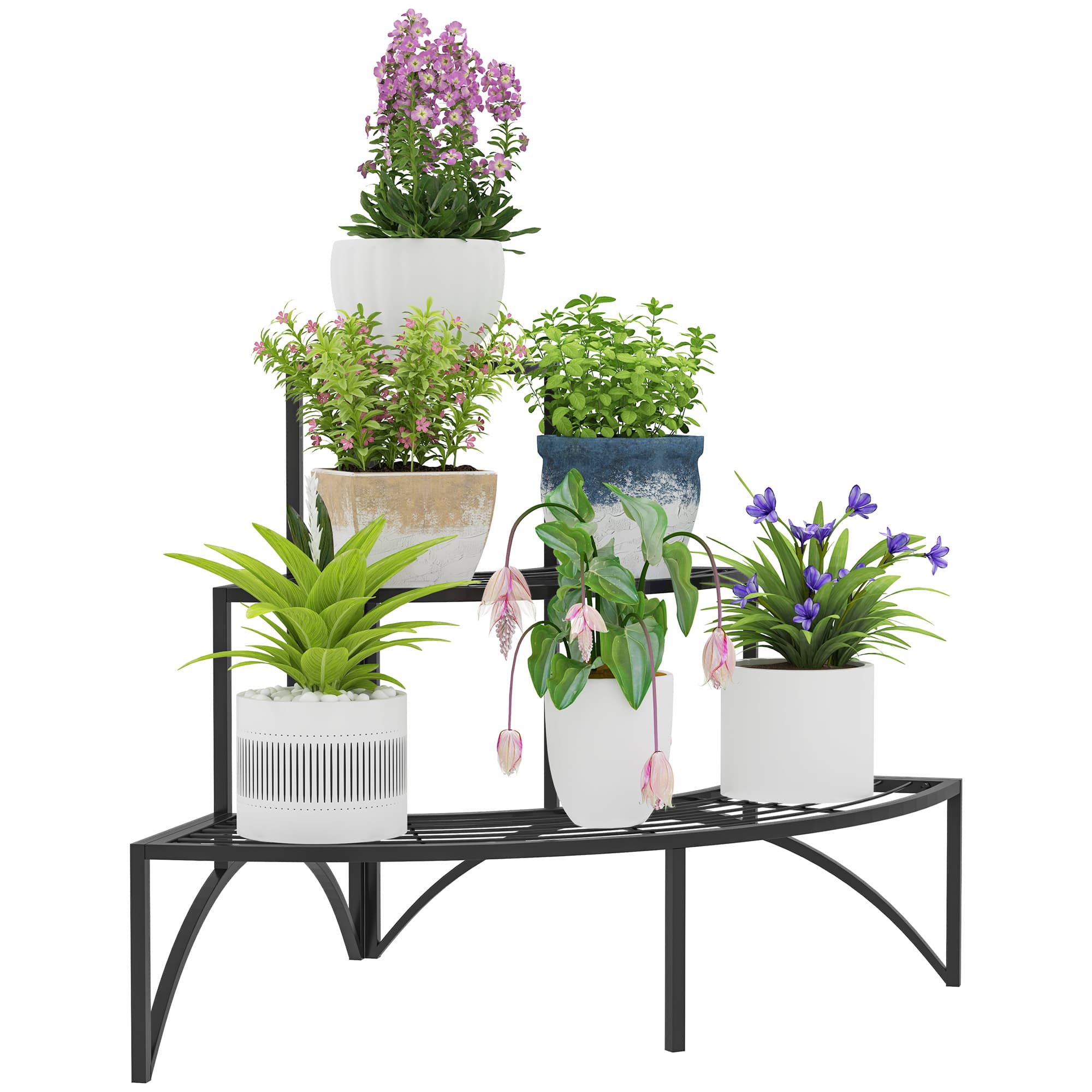 Outsunny 3 Tier Corner Plant Stand, Quarter Round Metal Plant Rack for Indoor Outdoor, Flower Pot Holder for Garden Balcony Patio, Black
