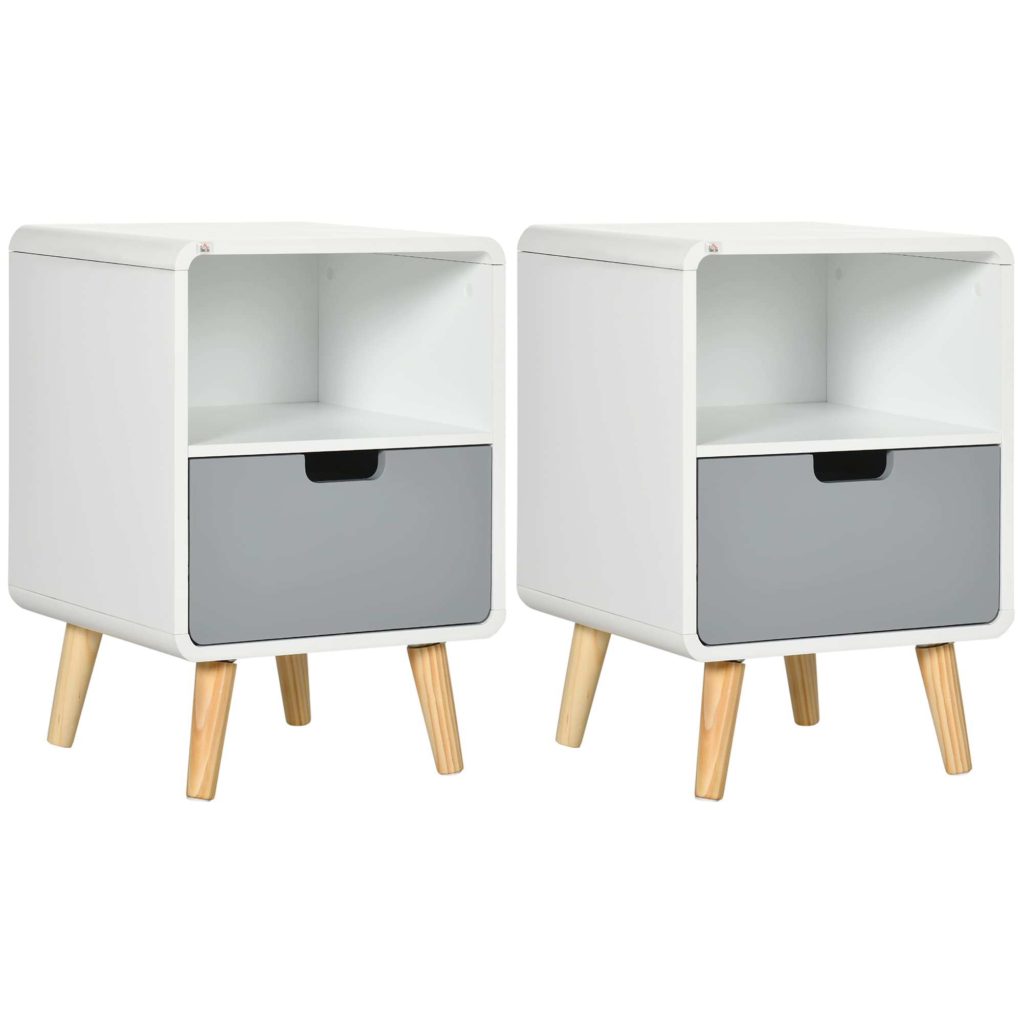 HOMCOM Bedside Table Set of 2, Wooden End Nightstand with Drawer, Scandinavian Nordic Style Lamp Desk Storage Unit for Bedroom, Wood | Aosom UK