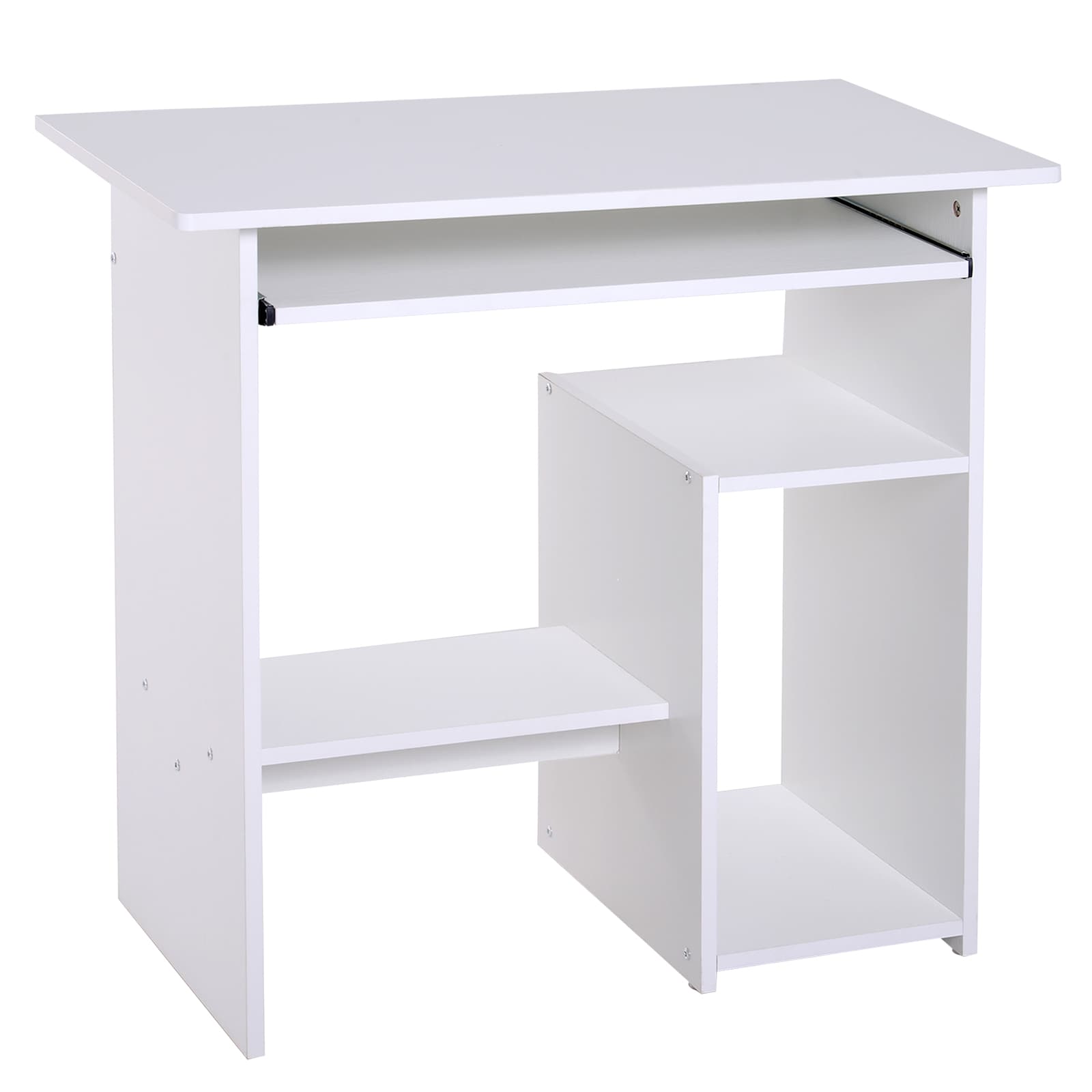 HOMCOM Compact Computer Table with Keyboard Tray, Storage Shelf, Wooden Corner Desk for Home Office, White | Aosom UK