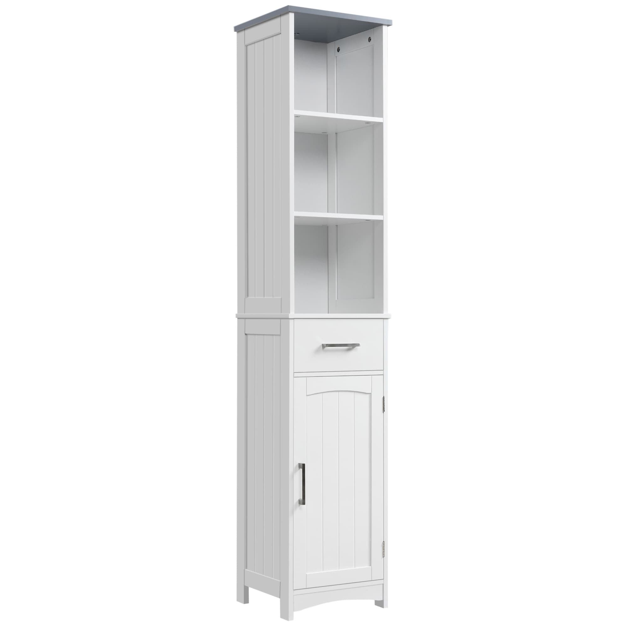 Kleankin Tall Linen Tower Bathroom Cabinet, 3 Tier Shelf with Cupboard & Drawer, Slim Side Freestanding Organizer, White | Aosom UK