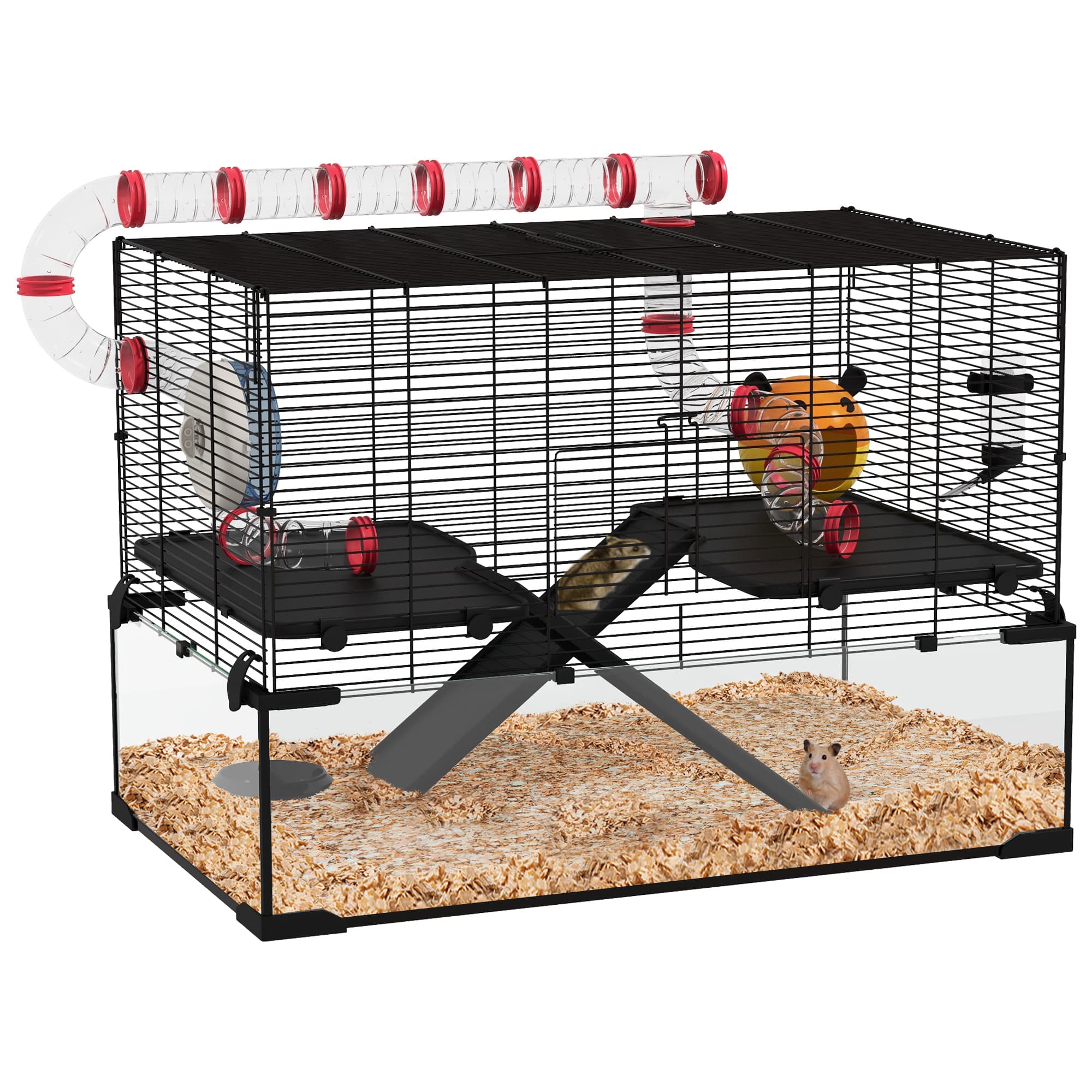 PawHut Hamster Haven: Deep Glass Base, Tunnels & Ramps for Playful Exploration, Cosy Hut & Exercise Wheel, 78.5x48.5x57cm | Aosom UK