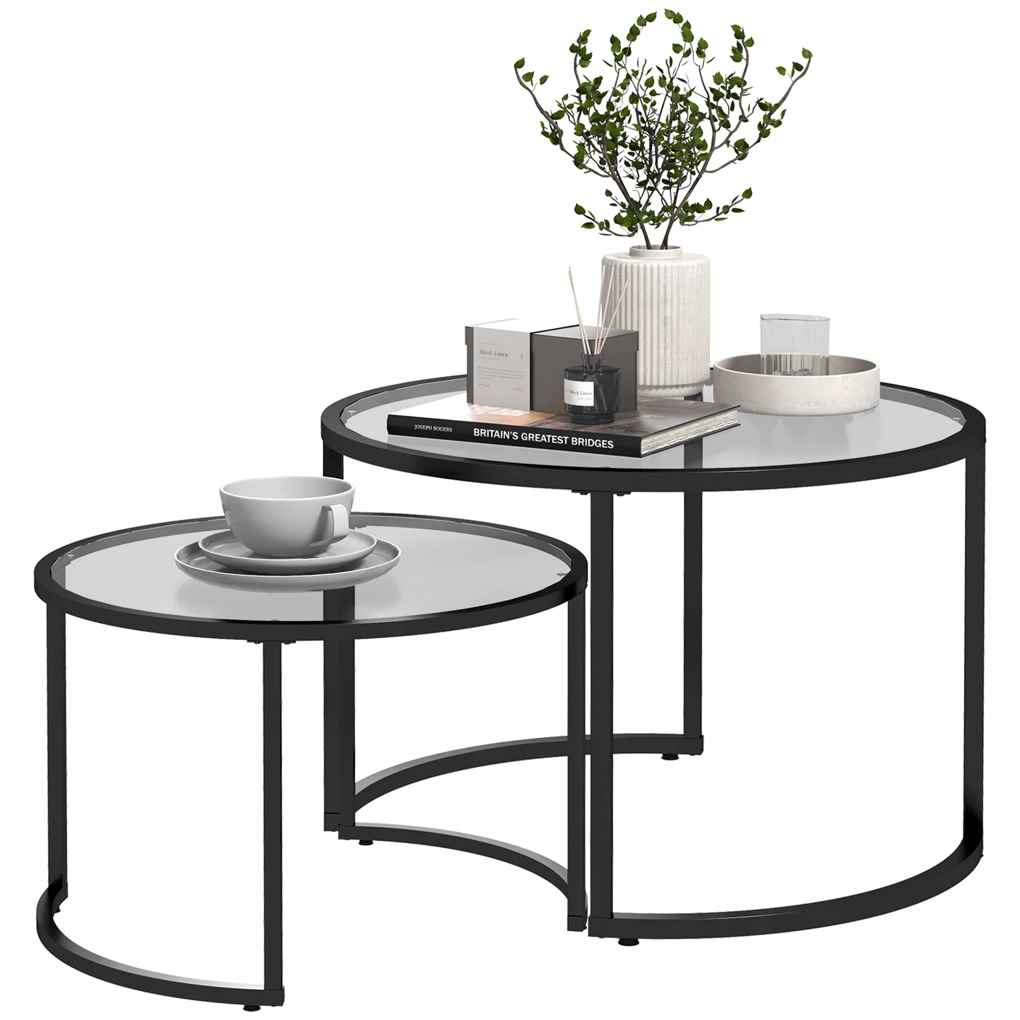 HOMCOM Round Coffee Table Nesting side Table Set of 2 Round Side Tables with Painted Steel Frame & Tempered Glass Surfaces, Black | Aosom UK
