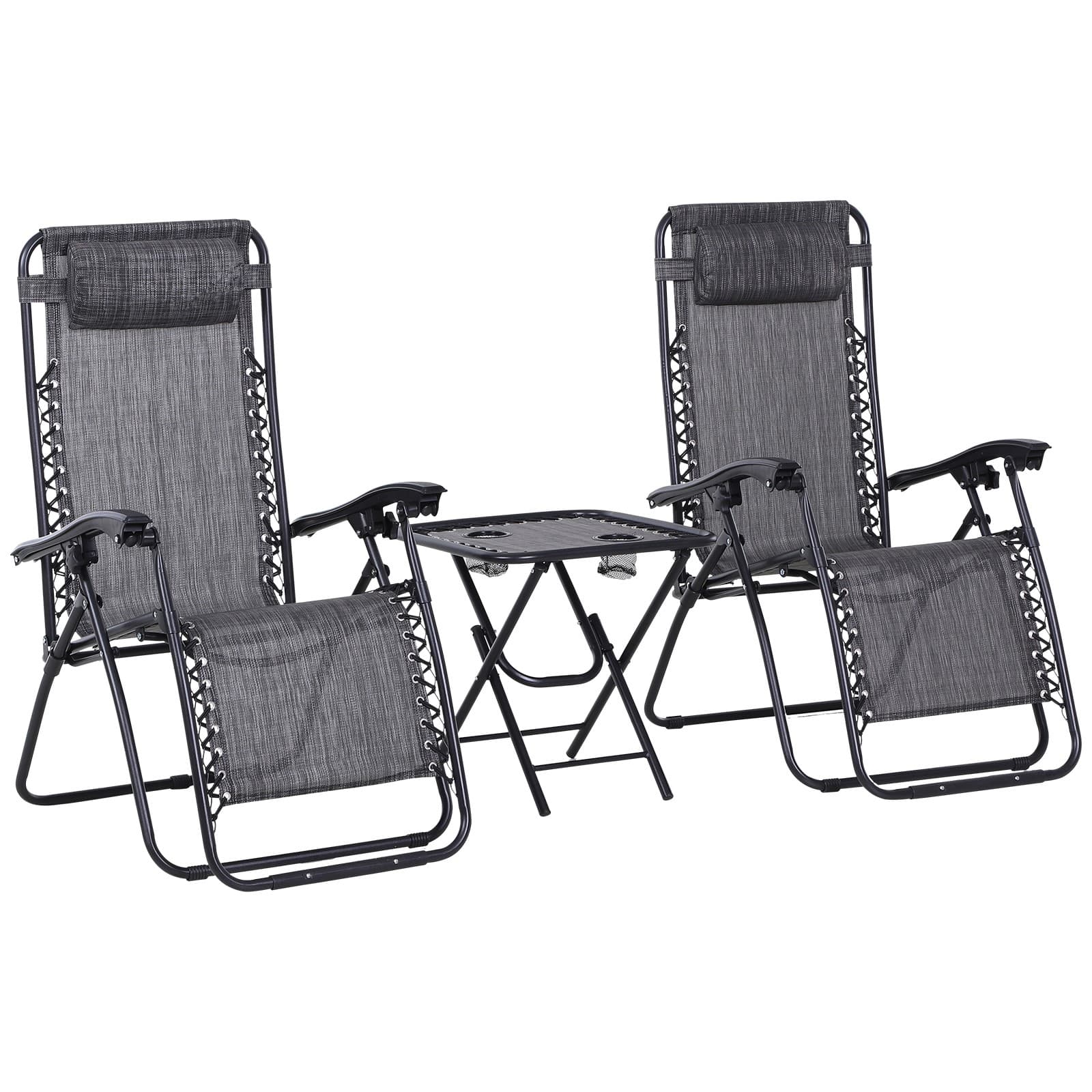 Outsunny Zero Gravity Lounge Set, 2 Reclining Chairs & Table w/ Cup Holders, Light Grey | Aosom UK