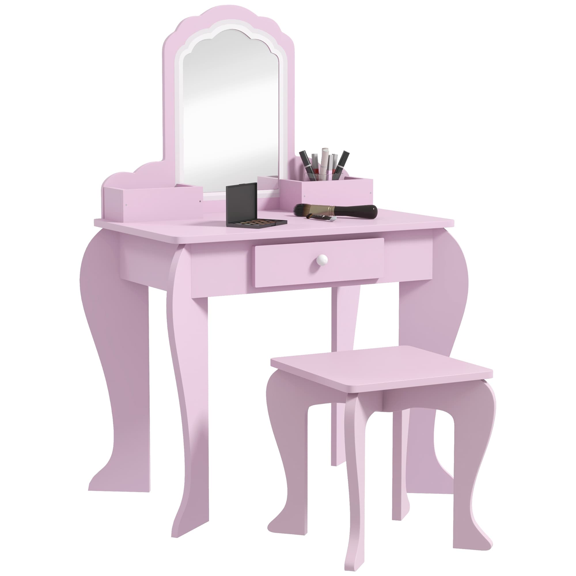 ZONEKIZ Child's Vanity Set with Cloud-Shaped Mirror, Stool, Drawer, and Storage Compartments, Pink | Aosom UK