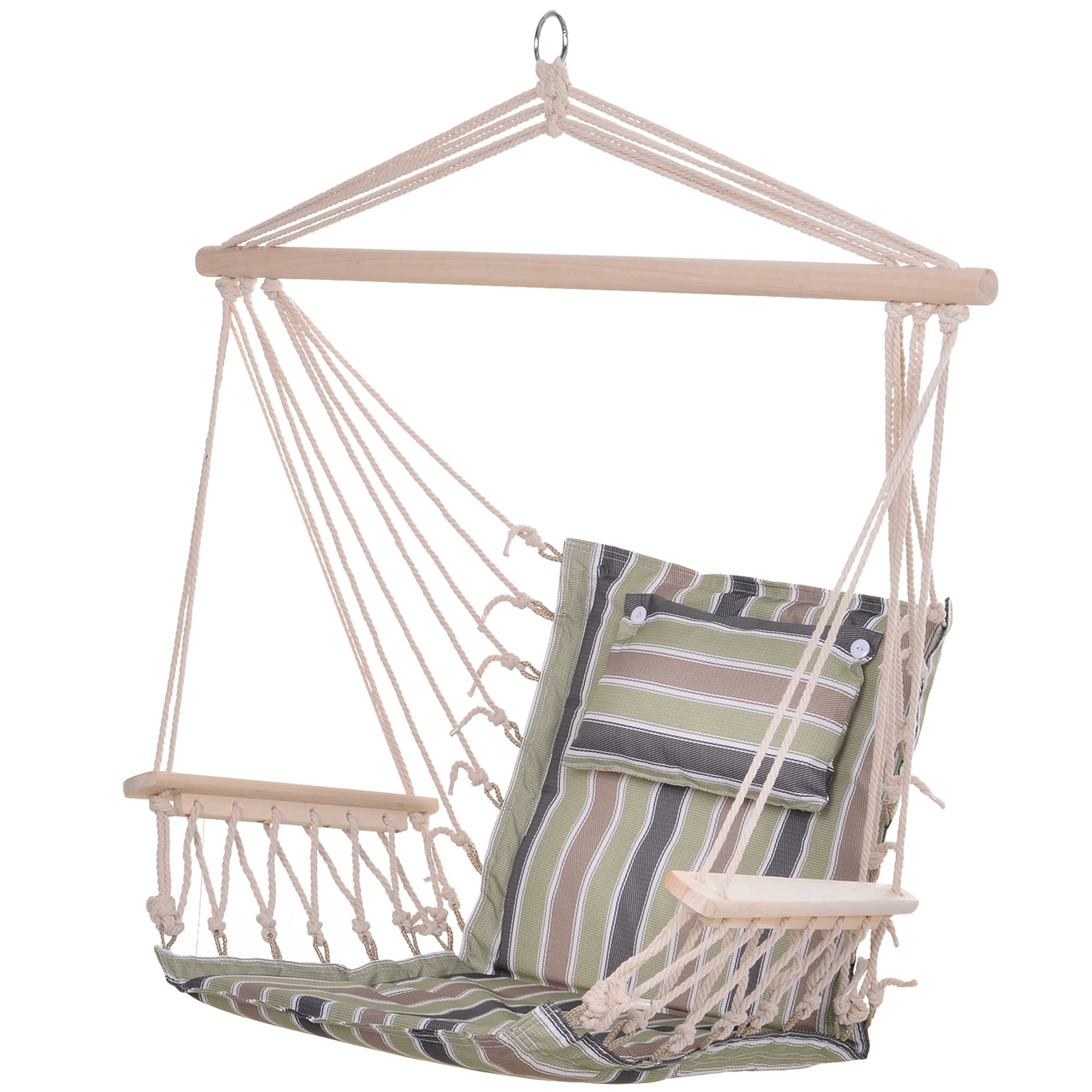 Outsunny Hanging Hammock Chair, Outdoor Garden Rope Swing with Wooden Arms, Wide Safe Seat, Stylish Multicoloured Stripes | Aosom UK