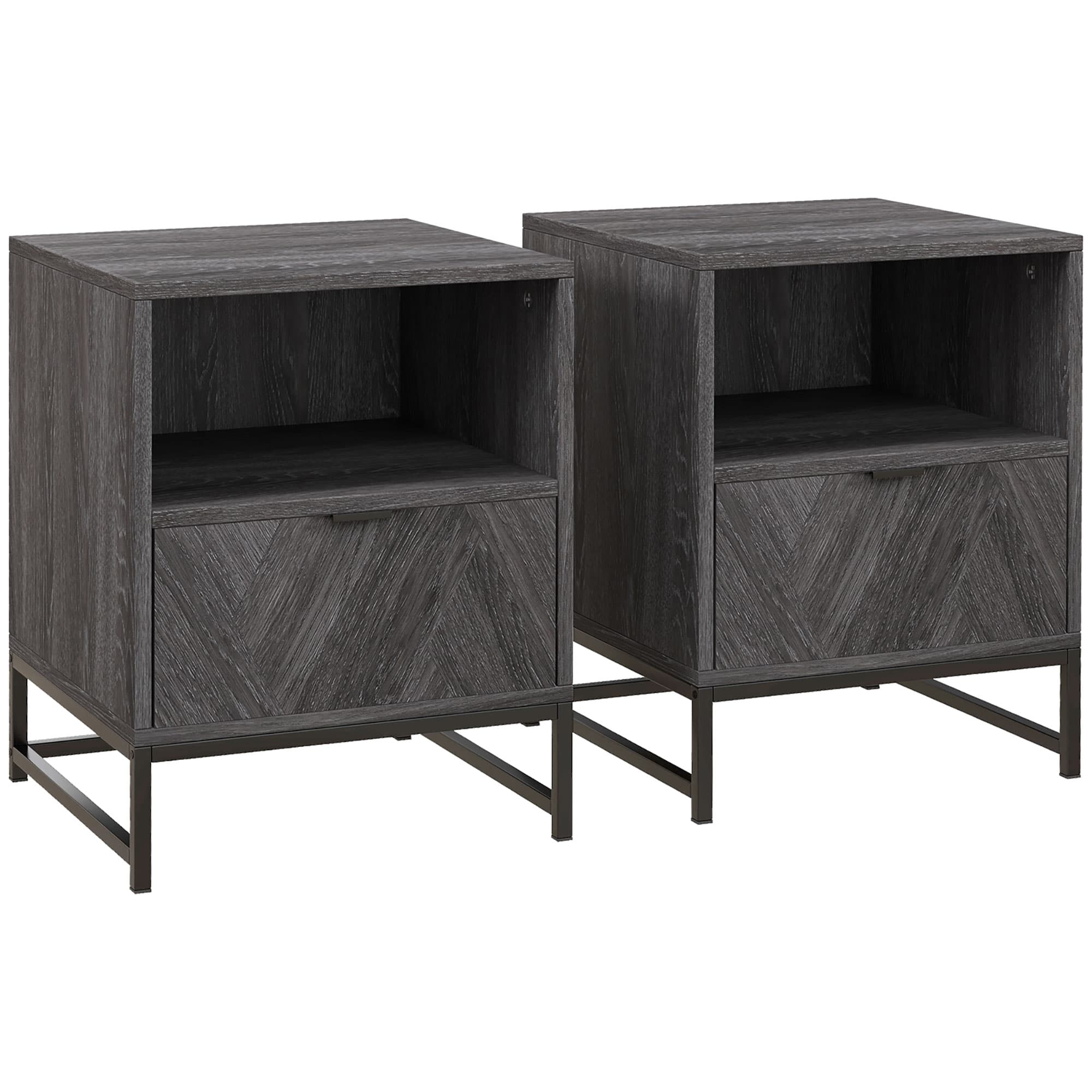 HOMCOM Bedside Cabinets: Dual Nightstands with Drawer & Shelf, Steel Legs for Living & Bedroom, Charcoal Grey | Aosom UK