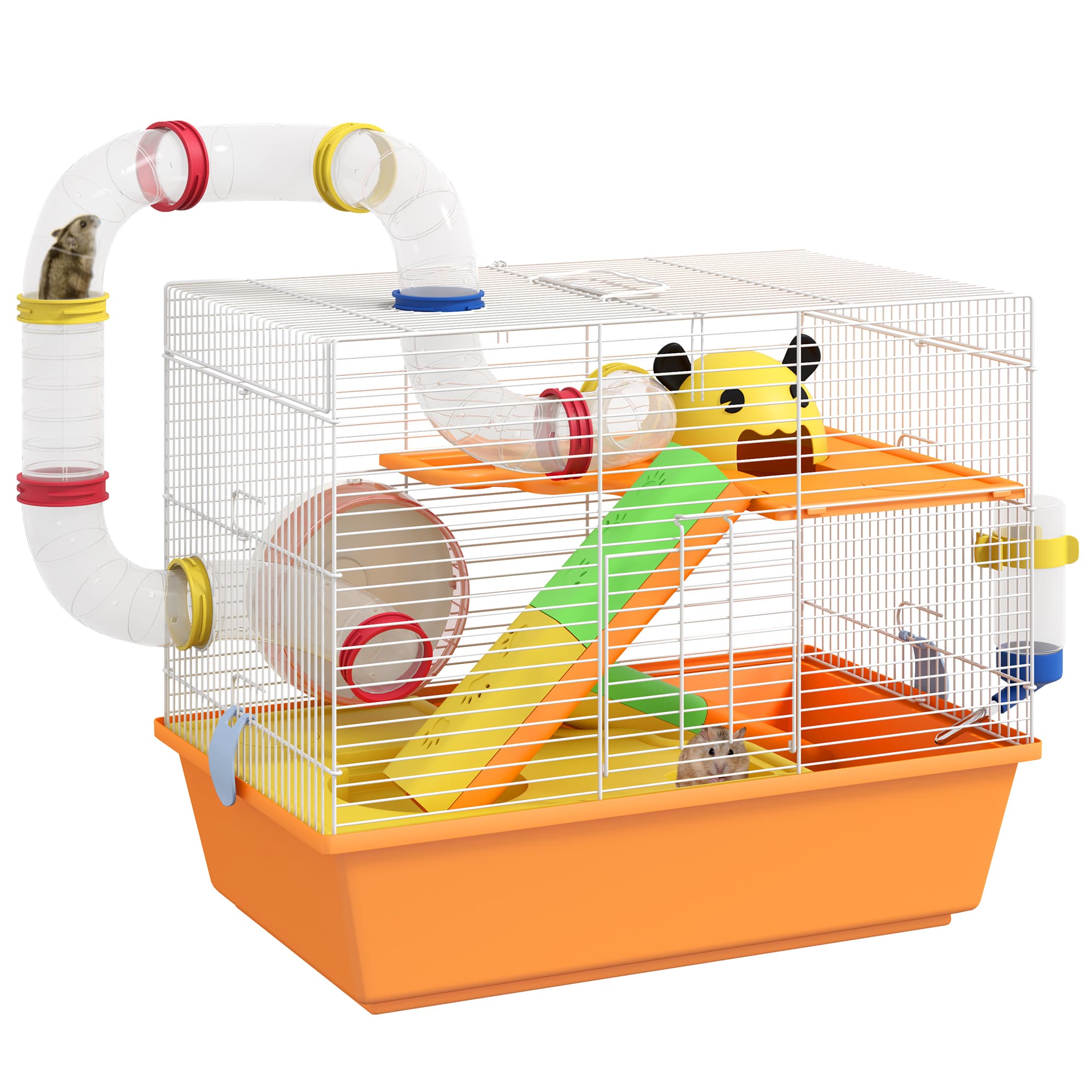 PawHut 3 Tiers Gerbil Cage, Hamster Cage with Tubes, Exercise Wheel, Ladder, Top Handle, 45 x 28 x 37cm - Orange | Aosom UK