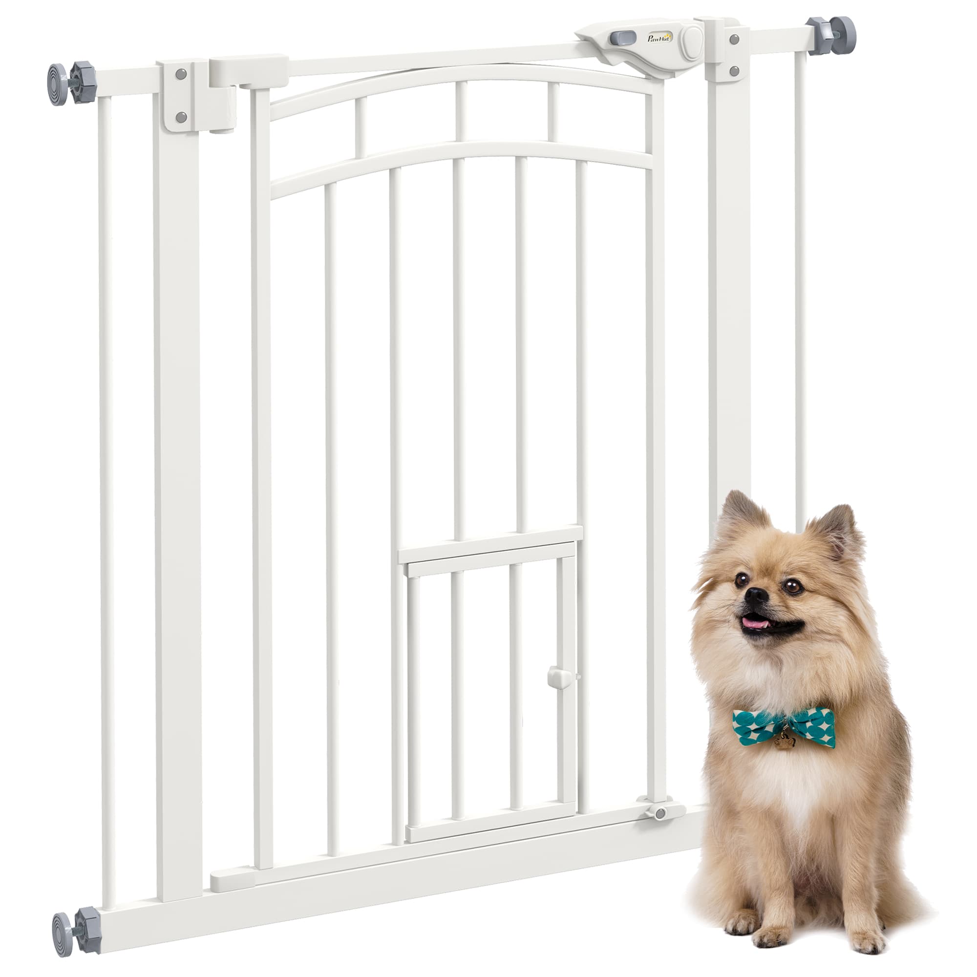 PawHut Safety Pet Gate, Pressure Fit Stair Gate with Cat Door, Auto Close, Double Lock, 74-80cm, White | Aosom UK