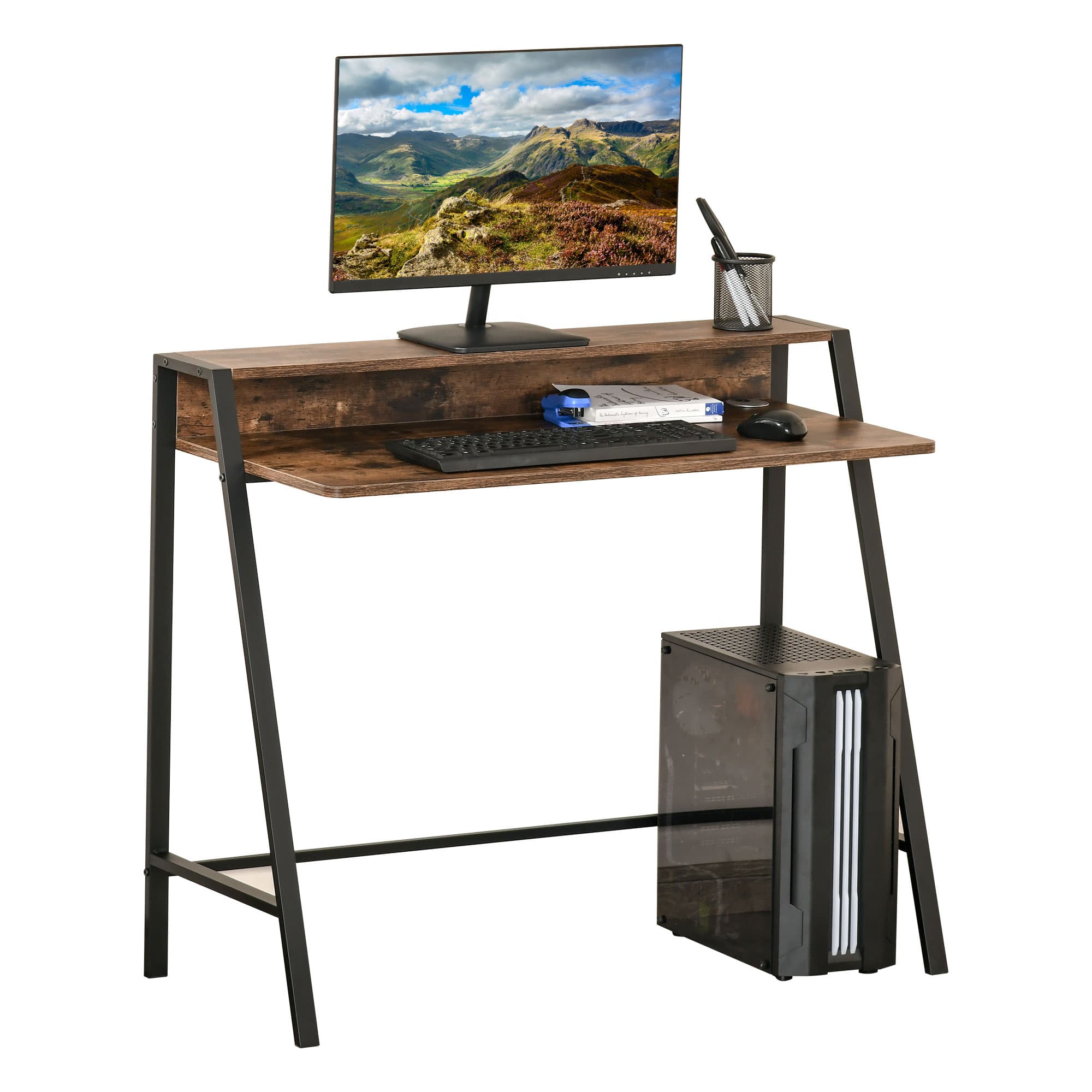 HOMCOM Writing Desk Computer Table Home Office PC Laptop Workstation Storage Shelf Color Rustic Brown | Aosom UK