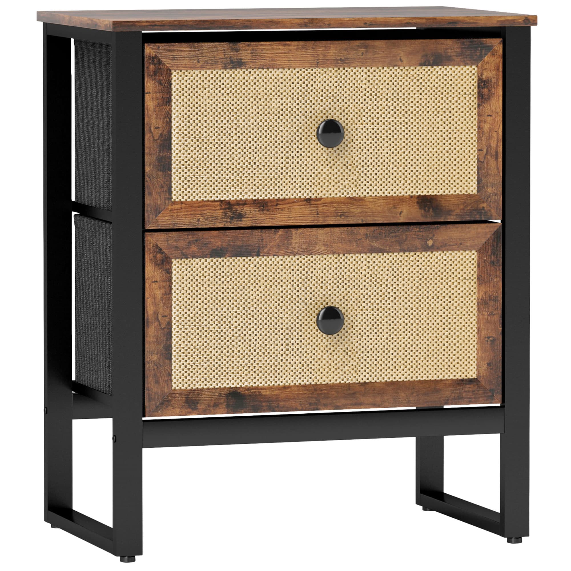 HOMCOM Bedside Table, Side Table with 2 Rattan Drawers, Bedside Cabinet with Storage and Steel Legs for Bedroom, Living Room, Rustic Brown | Aosom UK