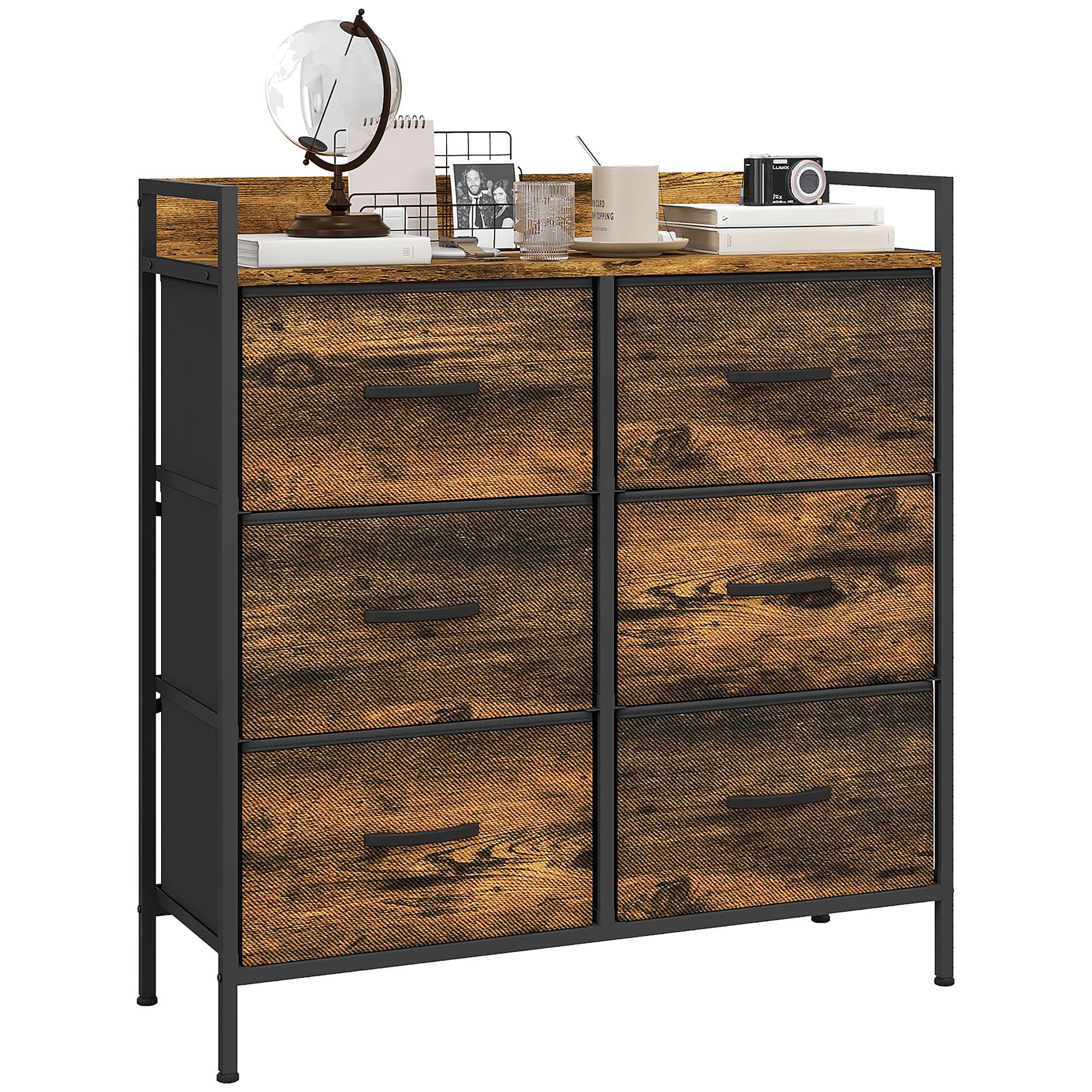 HOMCOM Rustic Chest of Six Fabric Drawers - Brown Wood Effect | Aosom UK