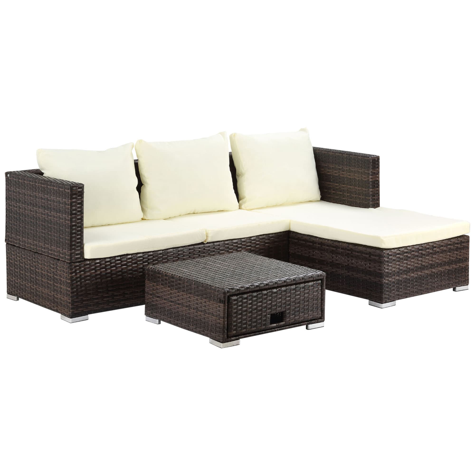 Outsunny 4-Seater Rattan Garden Furniture Storage Sofa Set Wicker Coffee Table Conservatory Sun Lounger Outdoor Weave w/ Cushion, Brown | Aosom UK