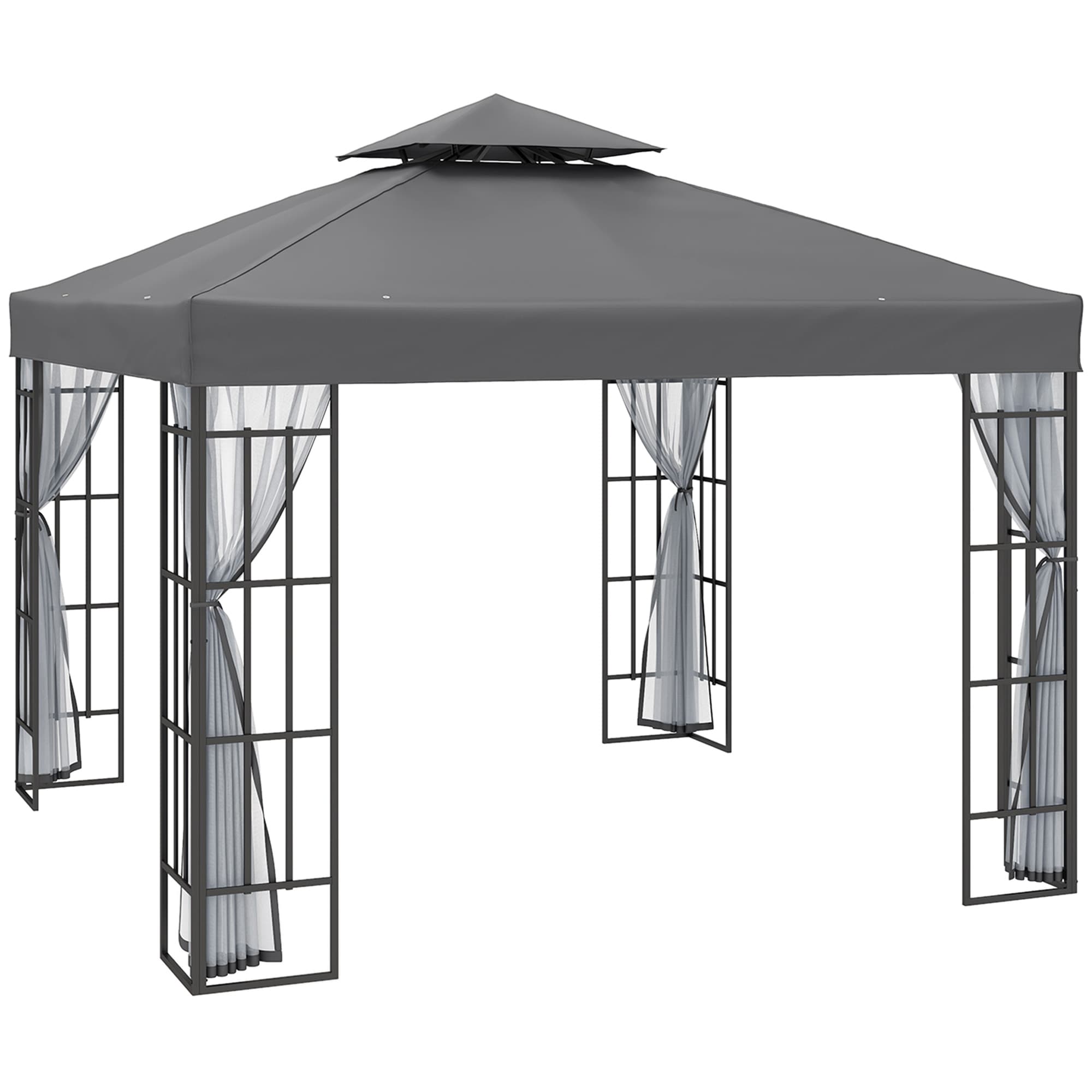 Outsunny Patio Gazebo 3 x 3m, Garden Pavilion Tent Shelter with 2 Tier Roof, Mosquito Netting, Steel Frame, Grey