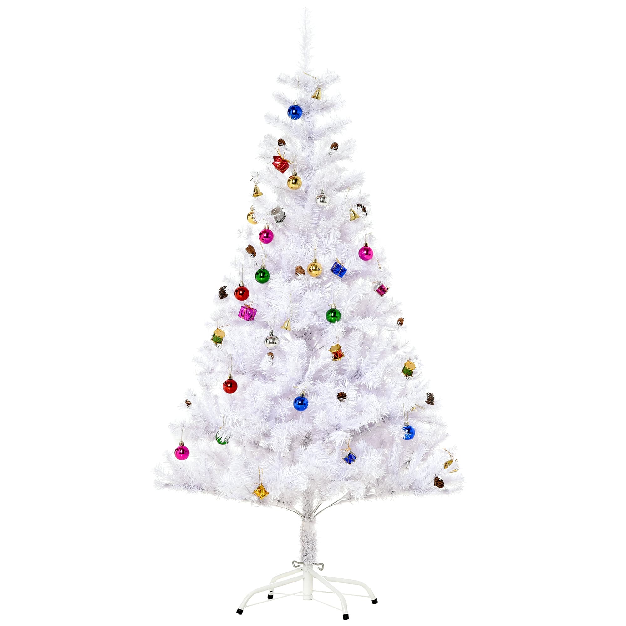 HOMCOM 4.9ft Artificial Christmas Tree Holiday Home Decoration with Xmas Ornaments and Metal Stand, White | Aosom UK
