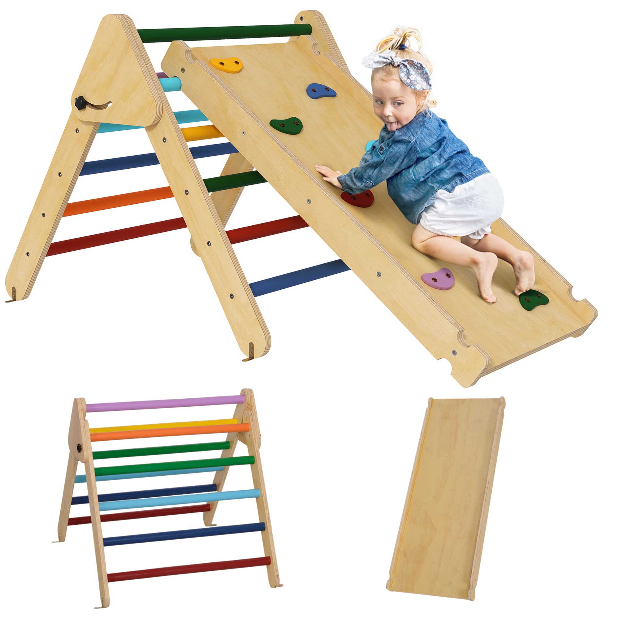 AIYAPLAY Toddler Climbing Frame for Kids with Ramp, 3 in 1 Wooden Pikler Triangle Set for 18-48 Months, Multicolour | Aosom UK