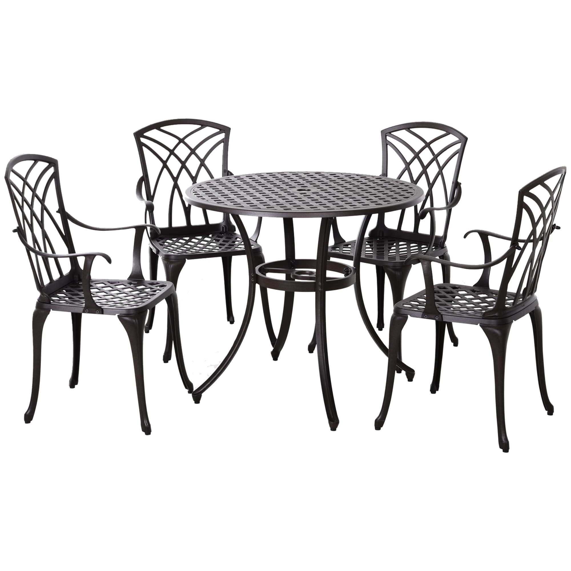 Outsunny Garden Dining Set, 4-Seate Cast Aluminium Outdoor Garden Table & Chair Set, Small Garden Furniture, Brown | Aosom UK