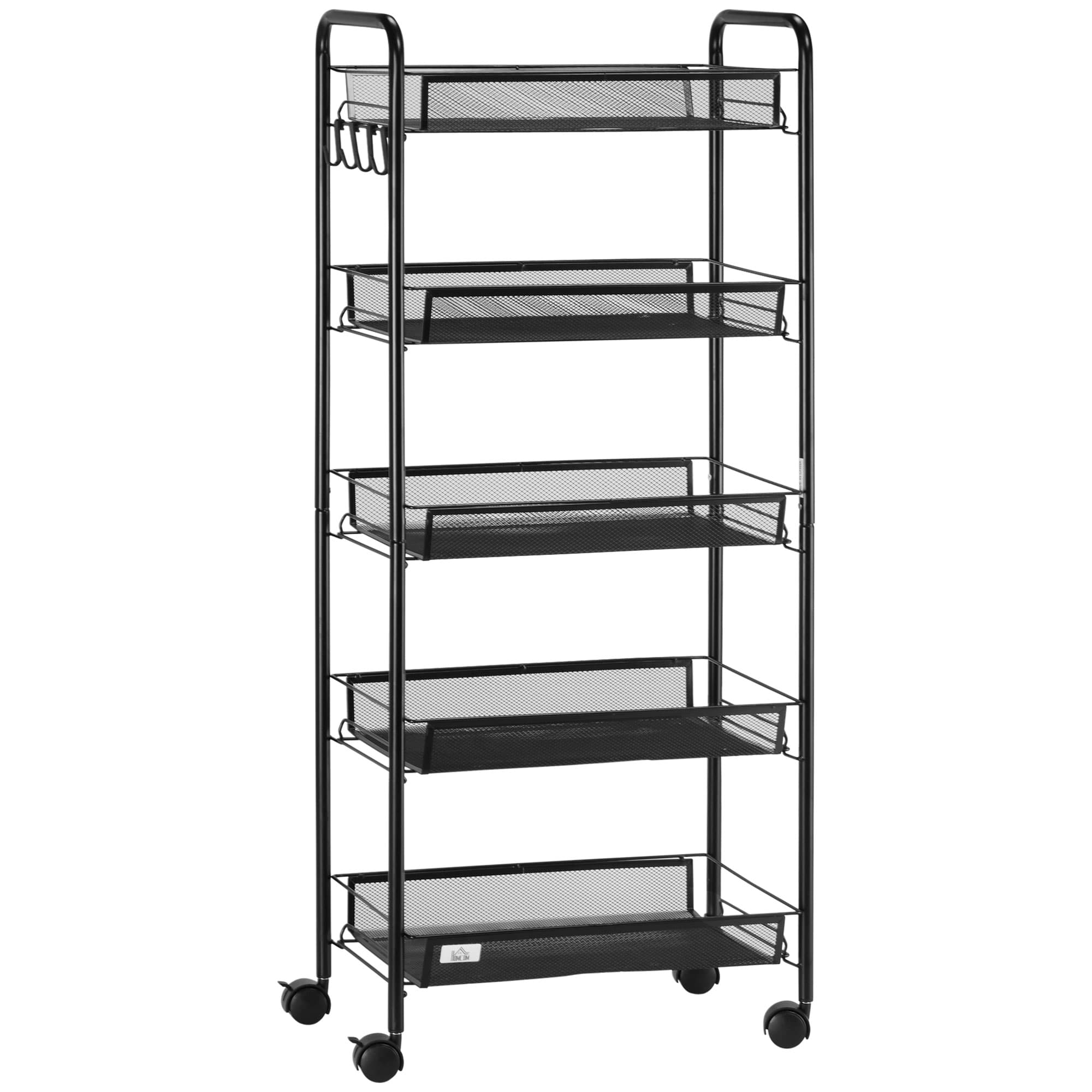 HOMCOM 5 Tier Utility Rolling Cart, Metal Storage Cart, Kitchen Cart with Removable Mesh Baskets, for Living Room and Bathroom, Black | Aosom UK