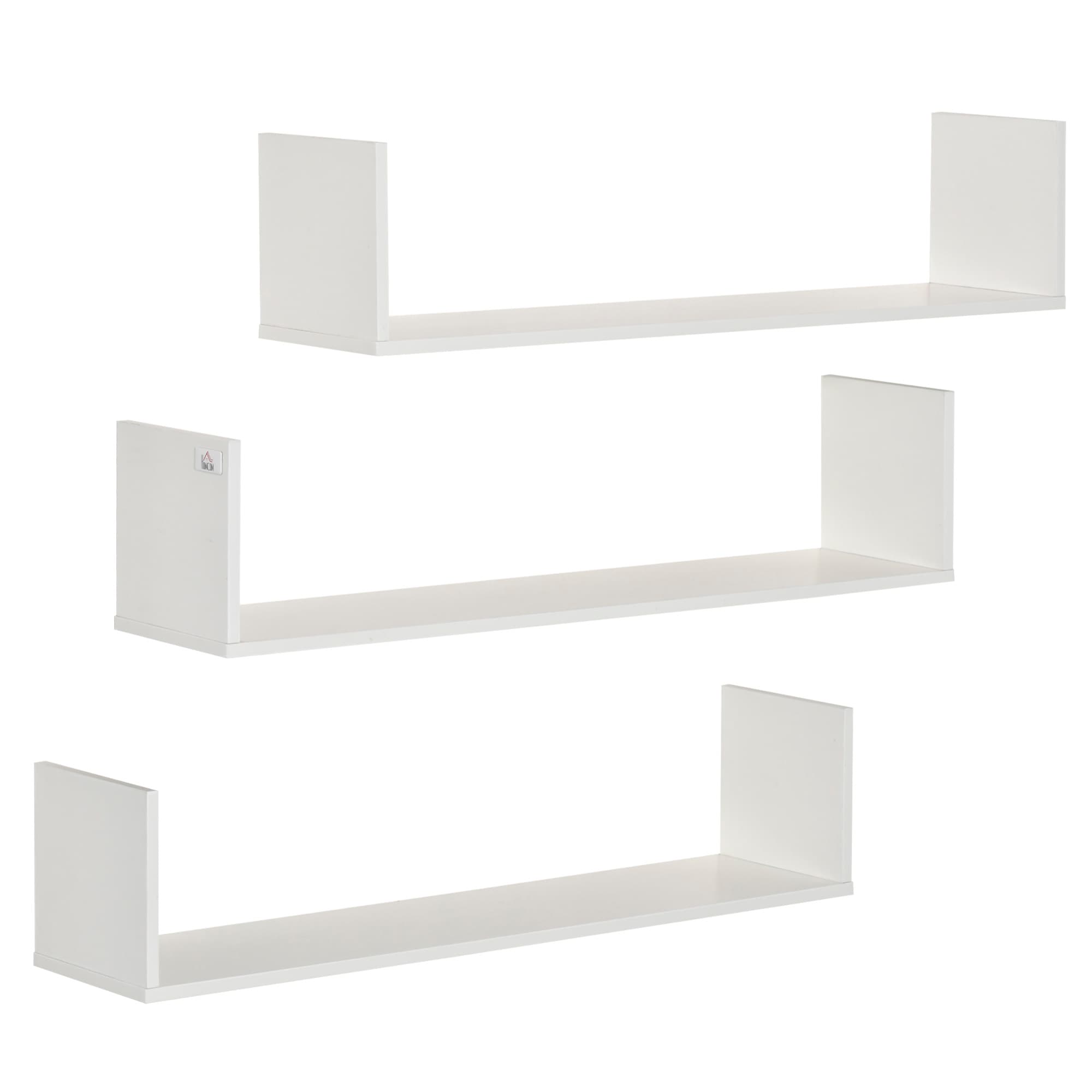 HOMCOM Set of 3 Wooden U-Shaped Floating Shelves Set Wall Mounted Hanging Bookshelf CD DVD Storage Display for Bedroom Living Room, White | Aosom UK