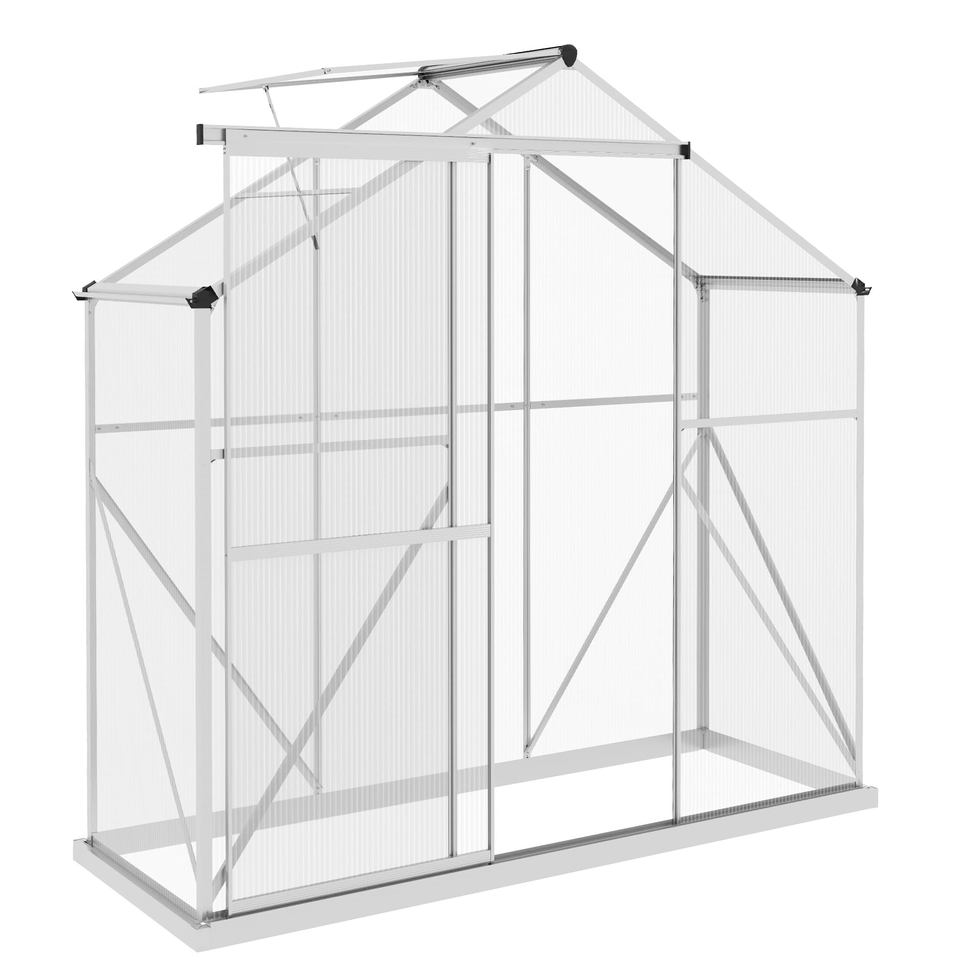 Outsunny Materials Greenhouse Polycarbonate, Walk-In Green House with Rain Gutter, Sliding Door, Window, Foundation, 6 x 2.5ft, Silver | Aosom UK