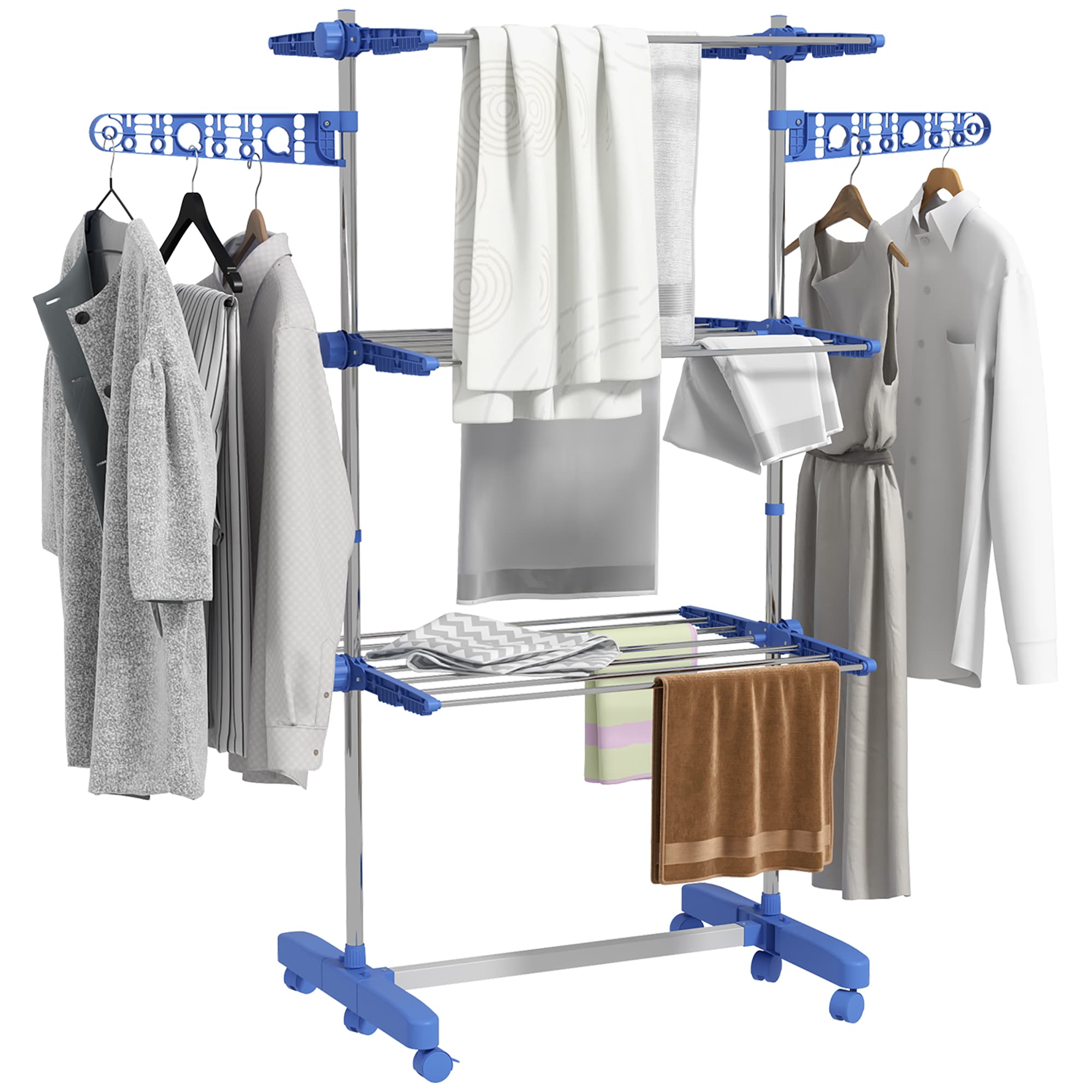 HOMCOM 4-Tier Clothes Airer, Foldable Clothes Drying Rack, Stainless Steel Indoor & Outdoor Clothes Dryer w/ Wheels & Wings, Easy Assembly | Aosom UK thumbnail 2