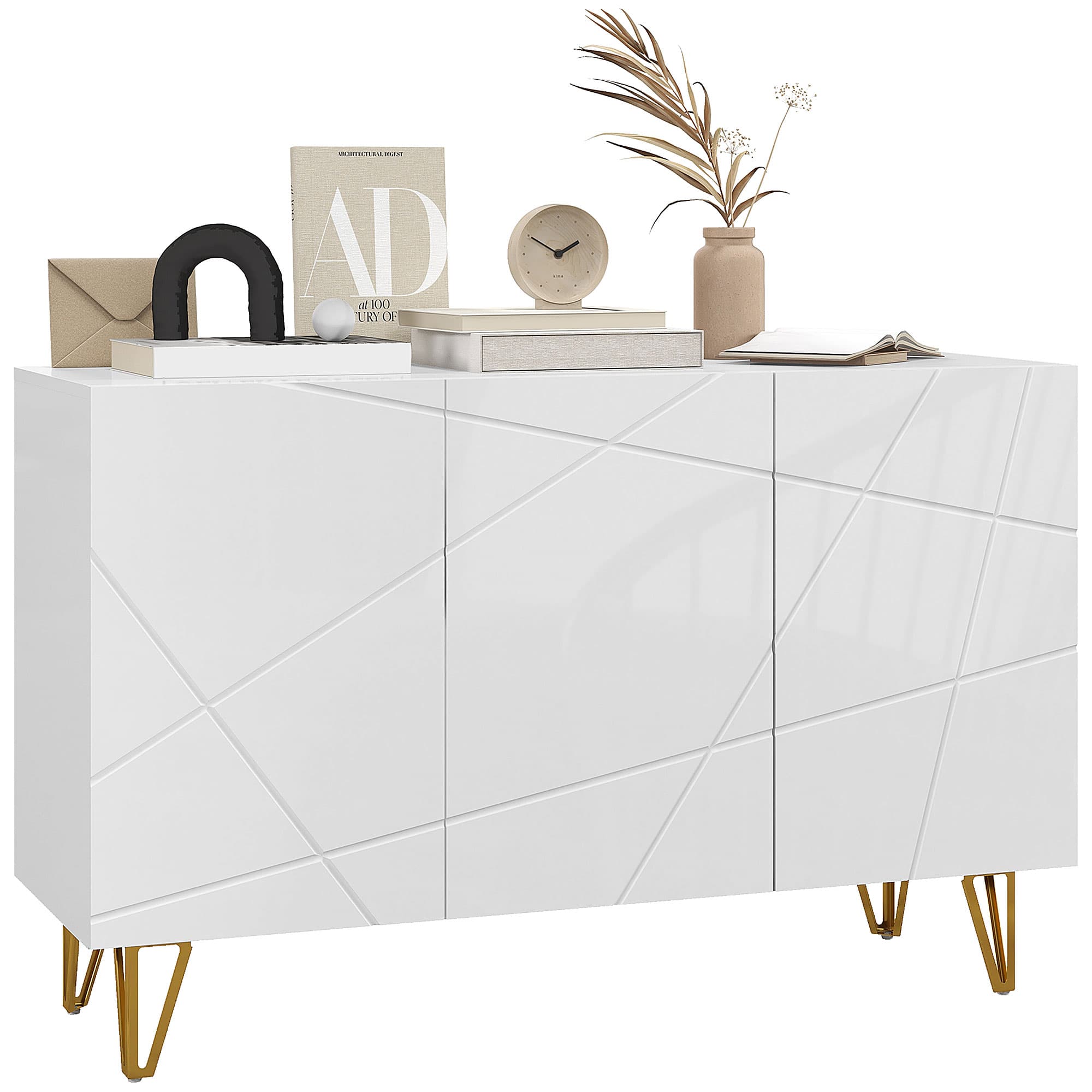 HOMCOM Storage Cabinet with High Gloss Front, Freestanding Sideboard with Adjustable Shelves, Soft-Close Doors and Gold Tone Hairpin Legs | Aosom UK