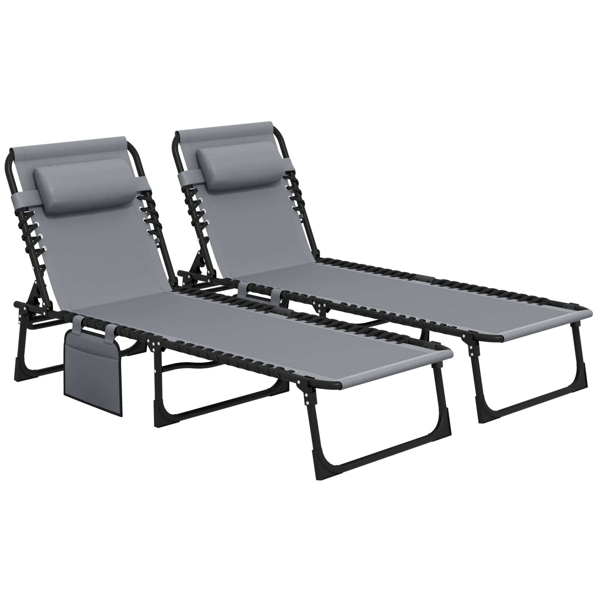 Outsunny Portable Sun Lounger Set of 2, Folding Camping Bed Cot, Reclining Lounge Chair 5-position Adjustable Backrest for Patio Beach, Grey
