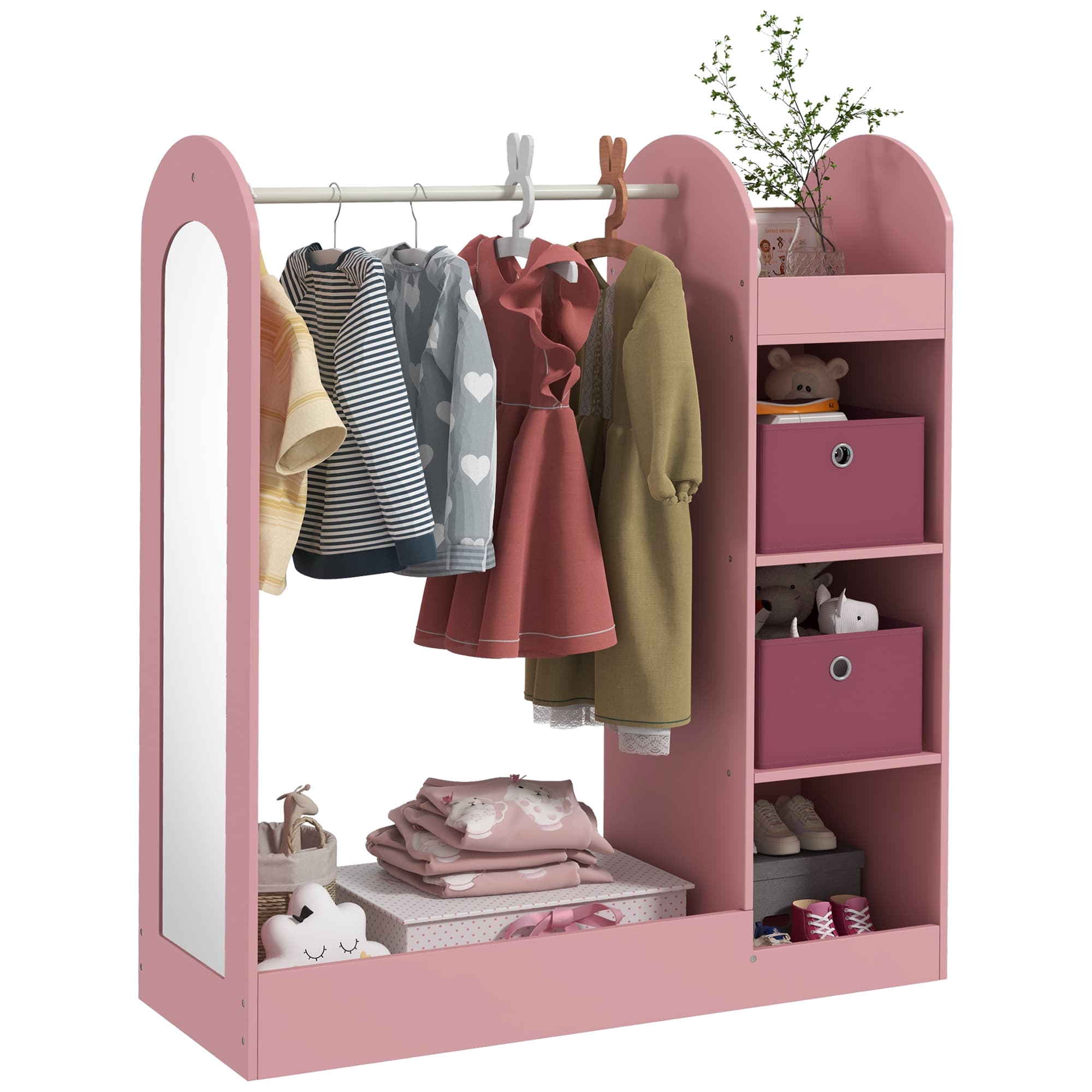 AIYAPLAY Kids Clothes Rail with Storage Shelf, Boxes, Mirror for Bedroom, Nursery, Pink | Aosom UK