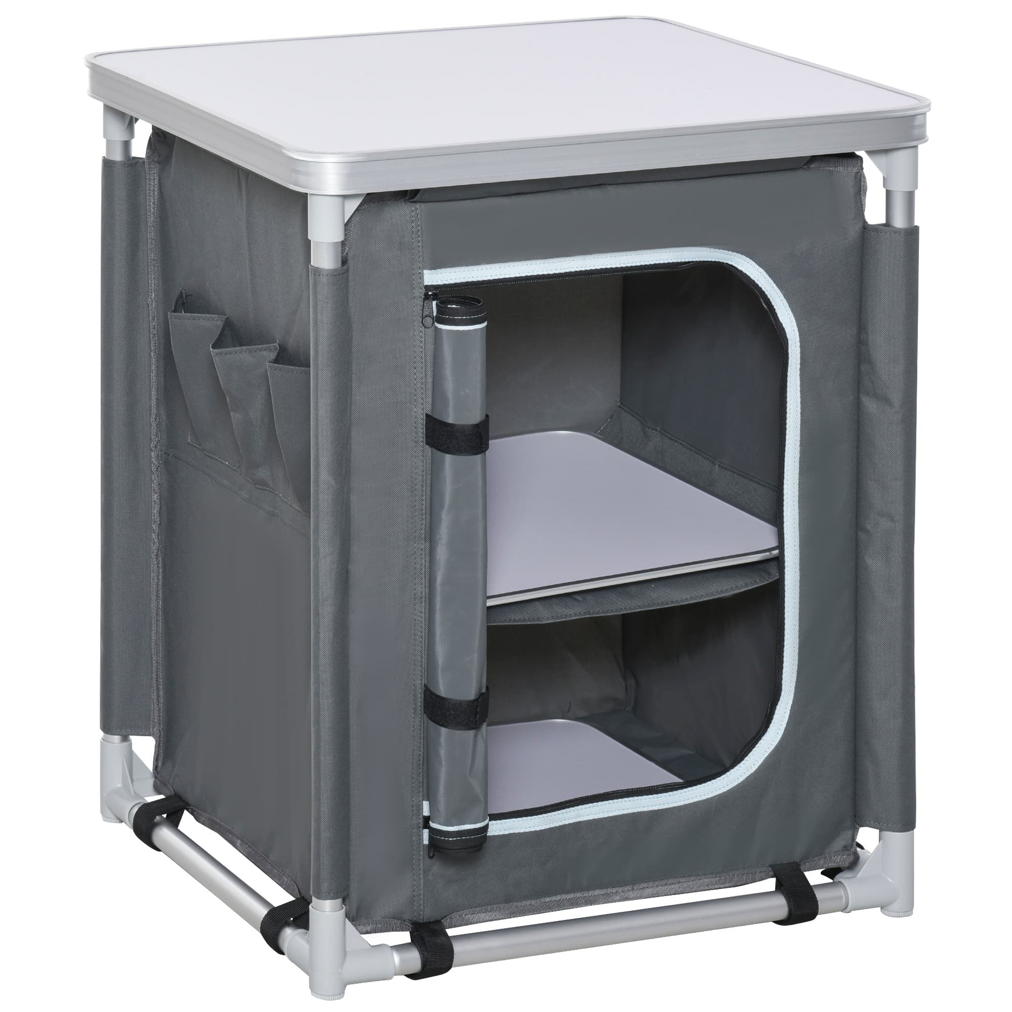 Outsunny Camping Kitchen Station, 2-Shelf Cupboard, Aluminium, Storage Organiser, BBQ, Picnics, with Carry Bag | Aosom UK