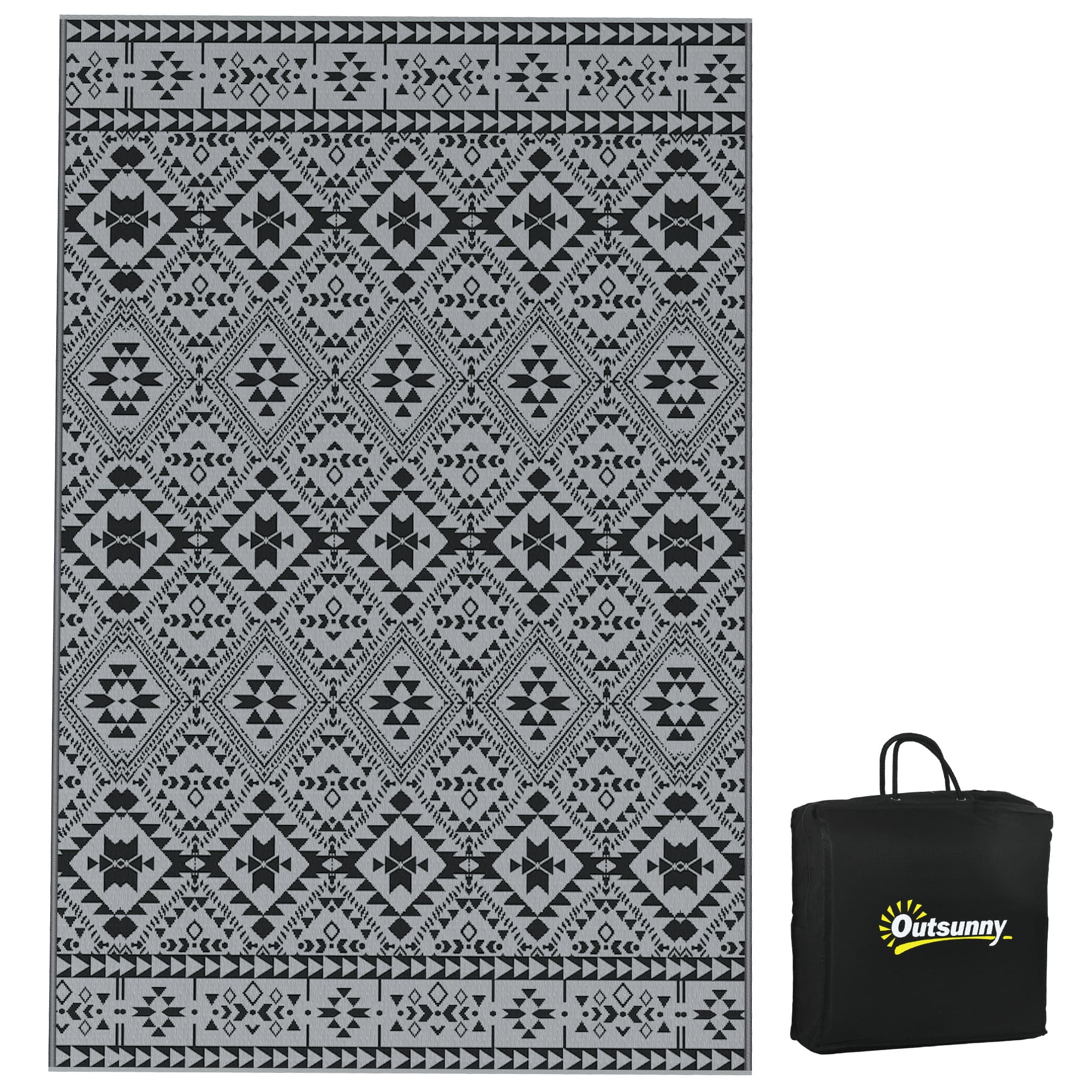 Outsunny Reversible RV Outdoor Rug, Plastic Straw, with Carry Bag, 182 x 274cm, Black and Grey | Aosom UK