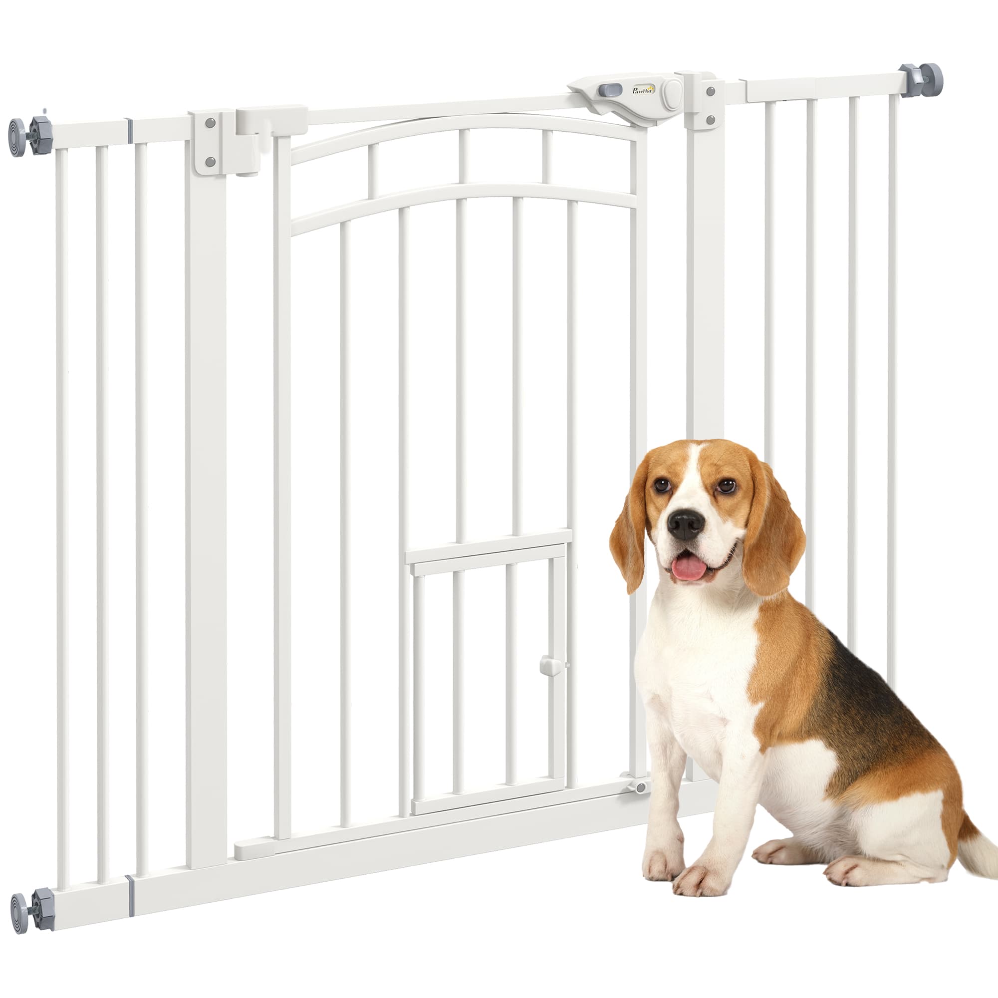 PawHut Stair Dog Gate with Cat Door, Pressure Fit, Auto Close, Double Lock, 74-100cm Openings, White | Aosom UK