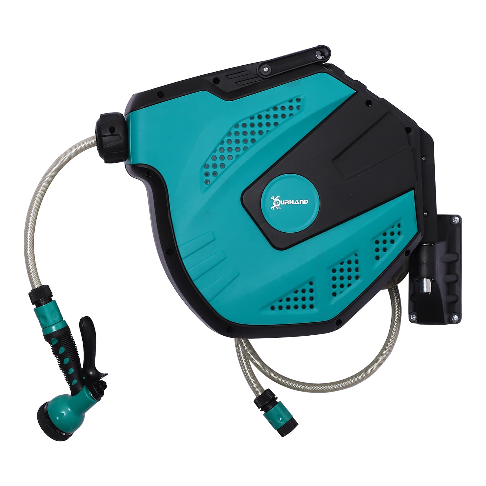 DURHAND Wall Mounted Garden Hose Reel, 15m Auto Rewind Hose Reel, Wall-Mounted Hose Reel, 7 Patterns Spray Nozzle | Aosom UK