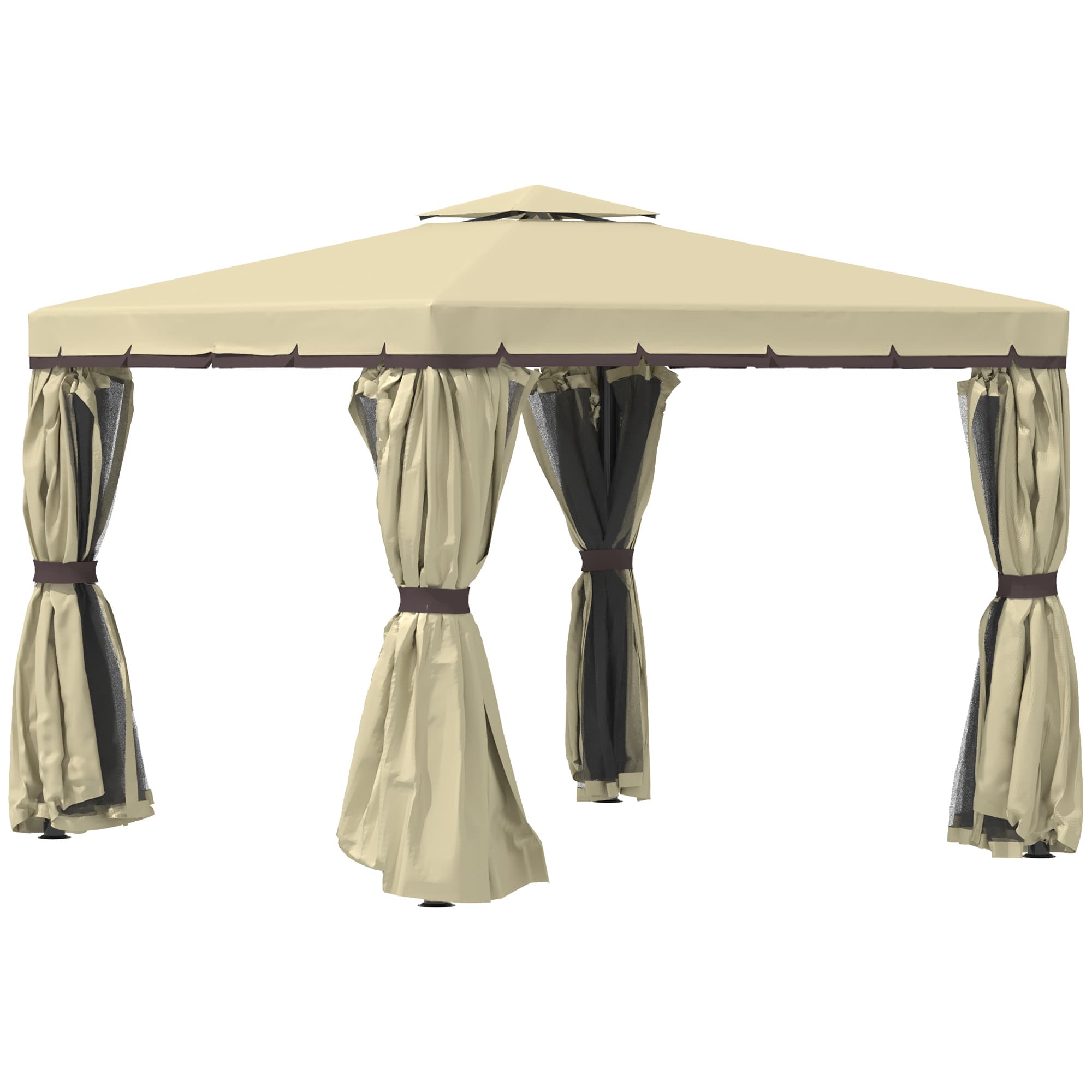 Outsunny 3 x 3m Outdoor Shelter, Patio Gazebo with 2 Tier Water Repellent Roof, Mosquito Netting and Curtains, Aluminium Frame, Beige | Aosom UK