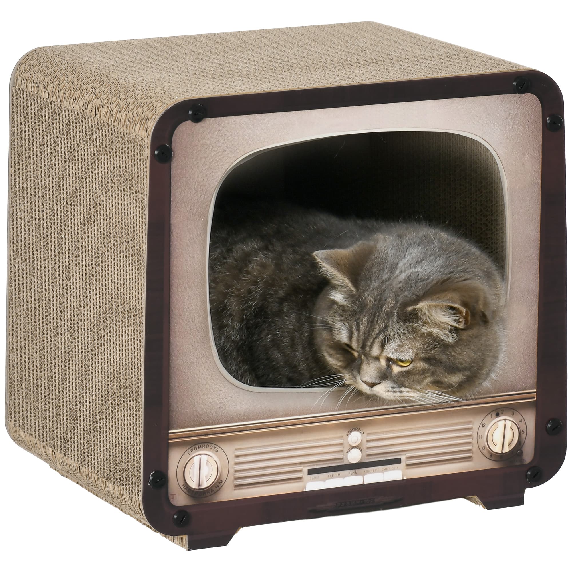 PawHut 2 in 1 TV Shape Cat Scratching Board House with Catnip, for Indoor Cats, Brown | Aosom UK