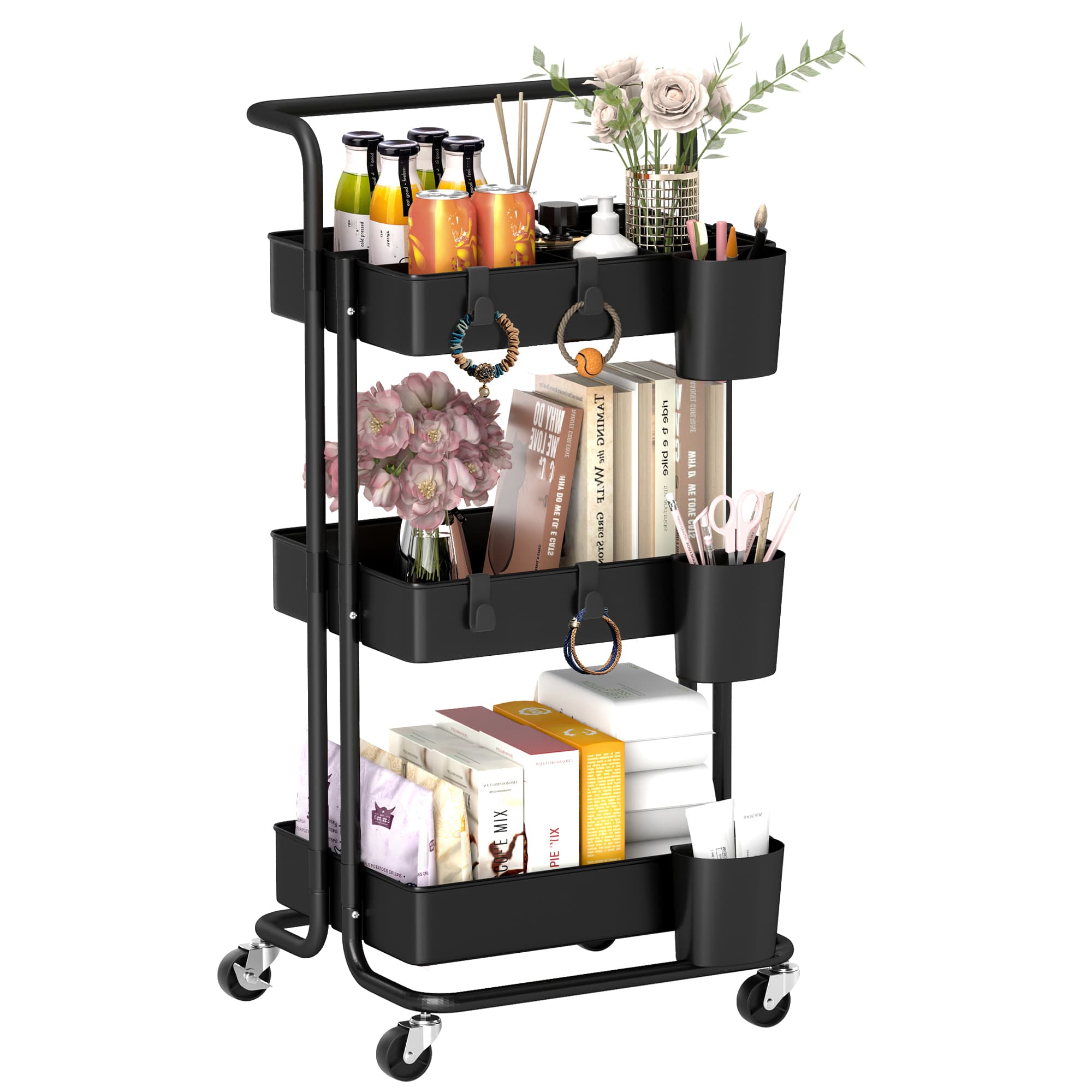 HOMCOM 3 Tier Utility Rolling Cart, Kitchen Cart with 3 Removable Mesh Baskets, 3 Hanging Box, 4 Hooks & Dividers for Living Room, Black | Aosom UK