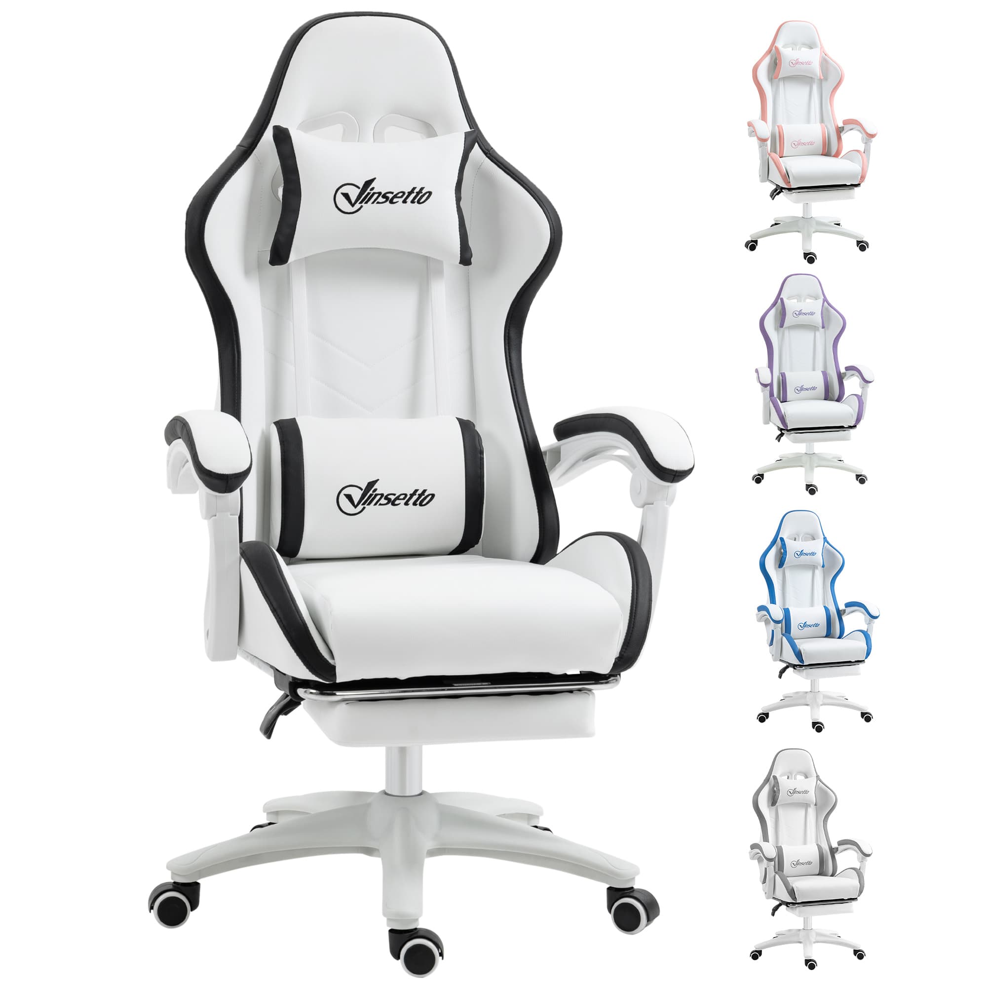 Vinsetto Racing Gaming Chair, Reclining PU Leather Computer Chair with 360 Degree Swivel Seat, Footrest, Removable Headrest White and Black | Aosom UK