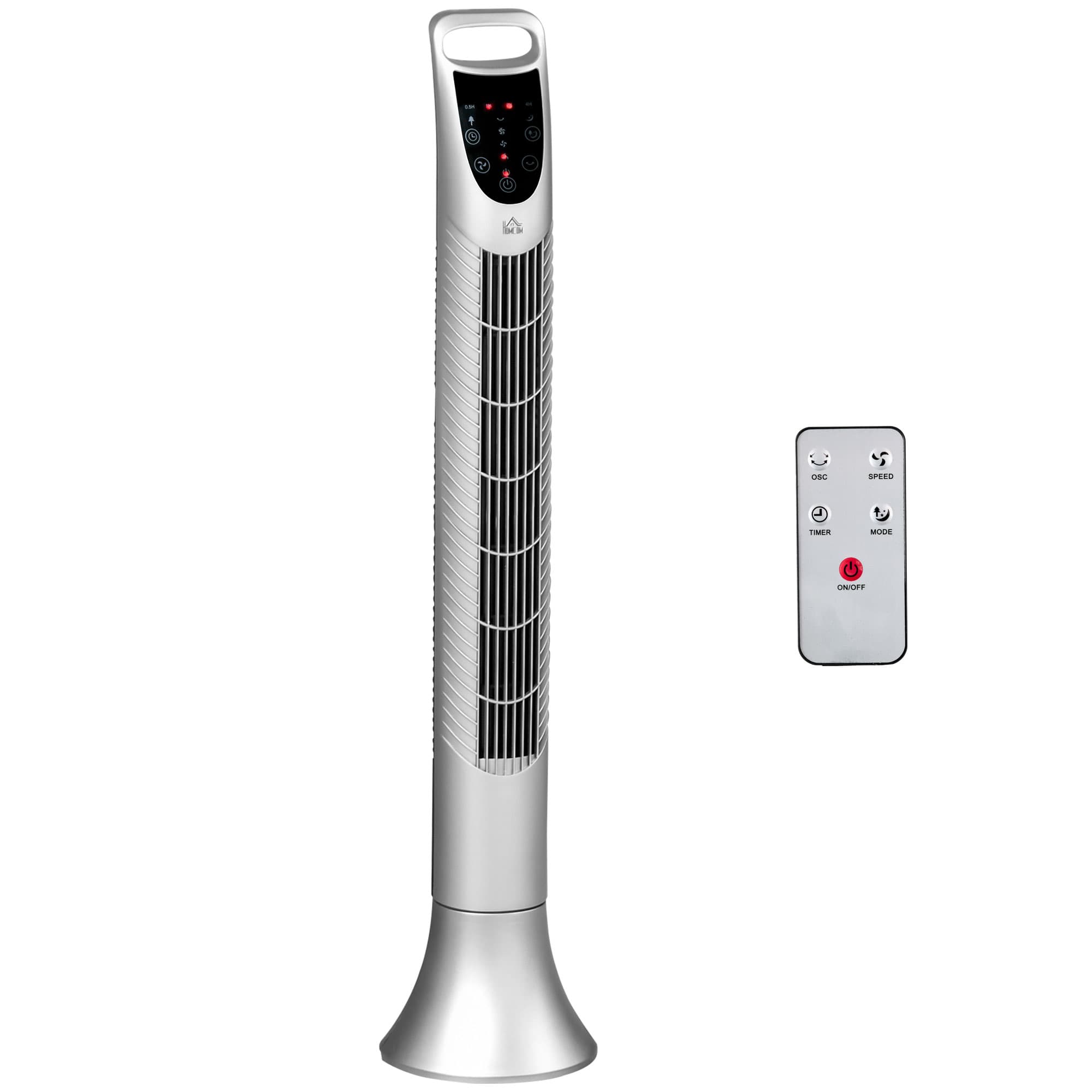 HOMCOM 36'' Freestanding Tower Fan, 3 Speed 3 Mode, 7.5h Timer, 70 Degree Oscillation, LED Panel, 5M Remote Controller, Silver | Aosom UK