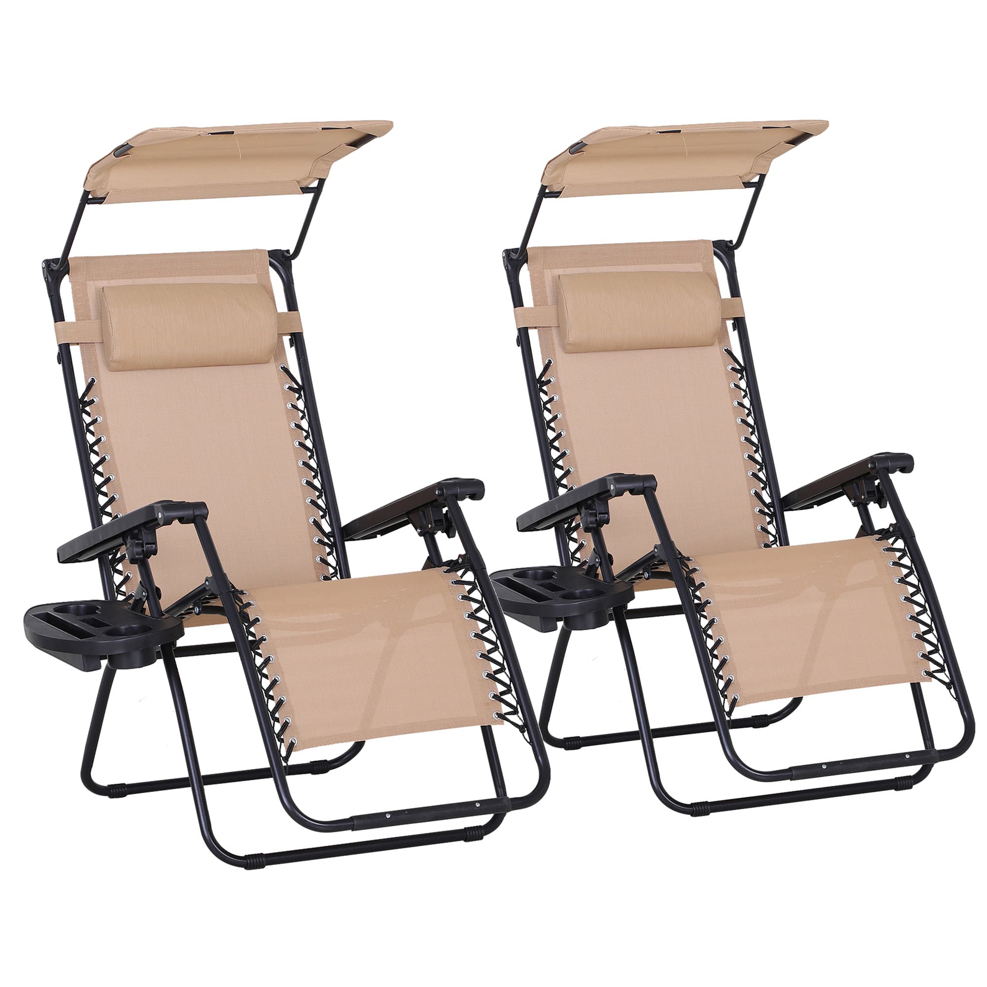 Outsunny 2 Piece Foldable Reclining Garden Chair w/ Headrest, Zero Gravity Deck Sun Lounger Seat Chair w/ Footrest, Cup Holder & Canopy | Aosom UK