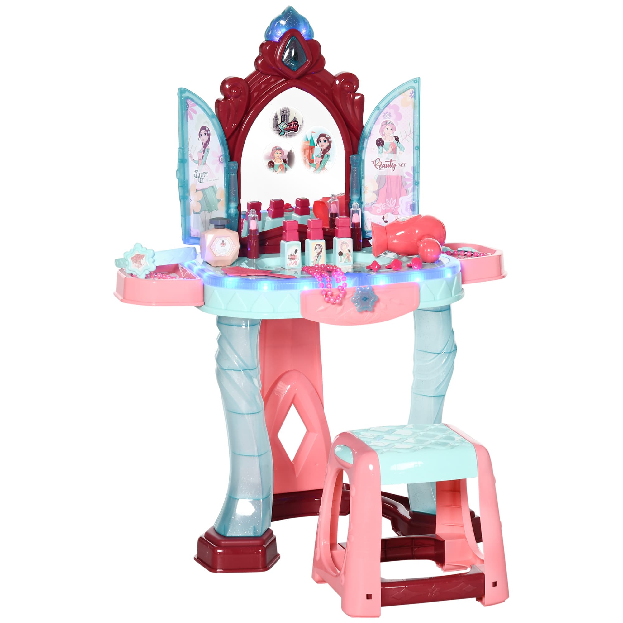 HOMCOM 31 Piece Children's Dressing Table Set with Enchanted Princess Mirror, Musical and Light-Up Beauty Kit, for Ages 3-6, Blue and Pink | Aosom UK